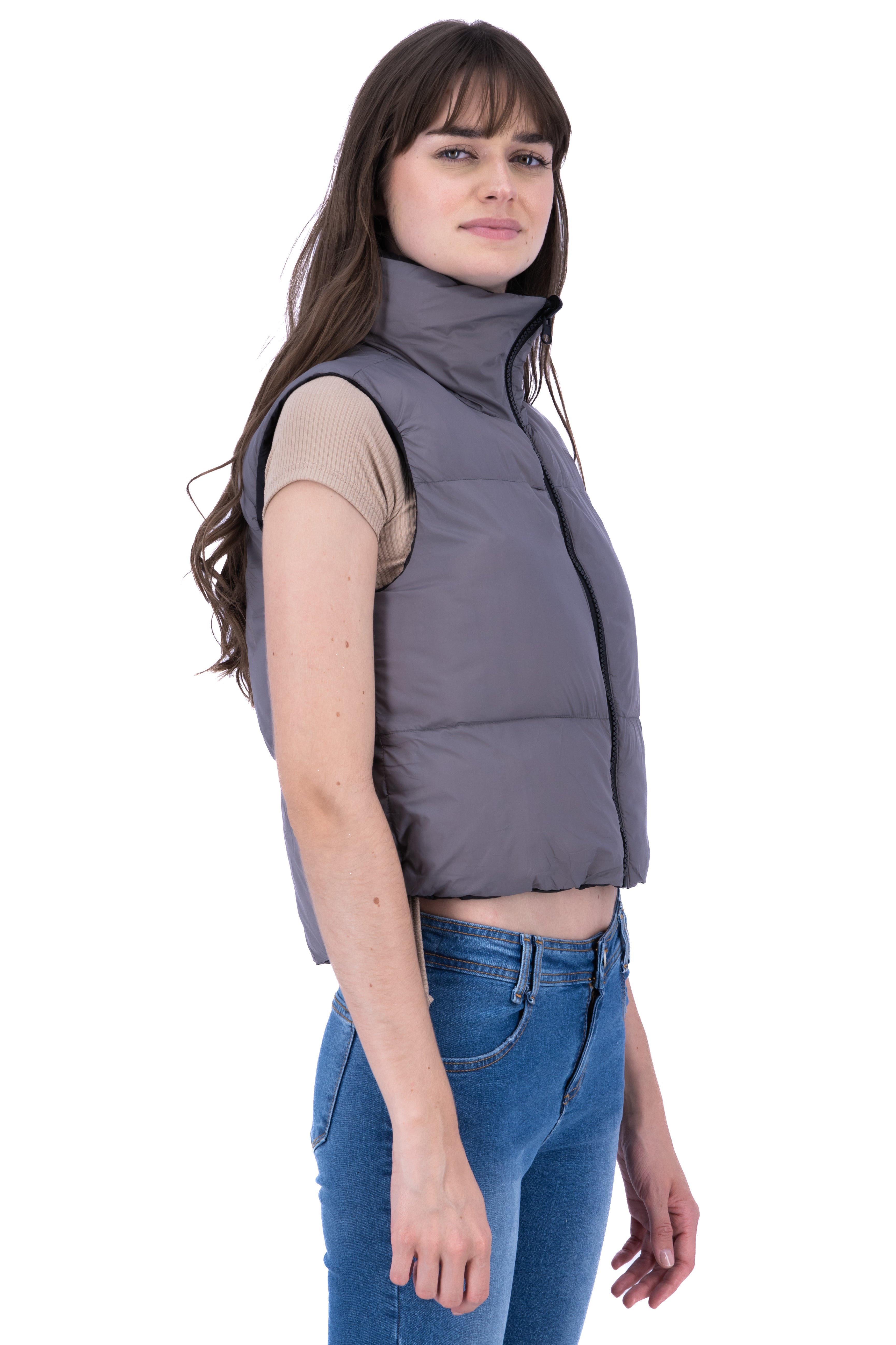 Chaleco puffer crop doble vista GRIS COMBO