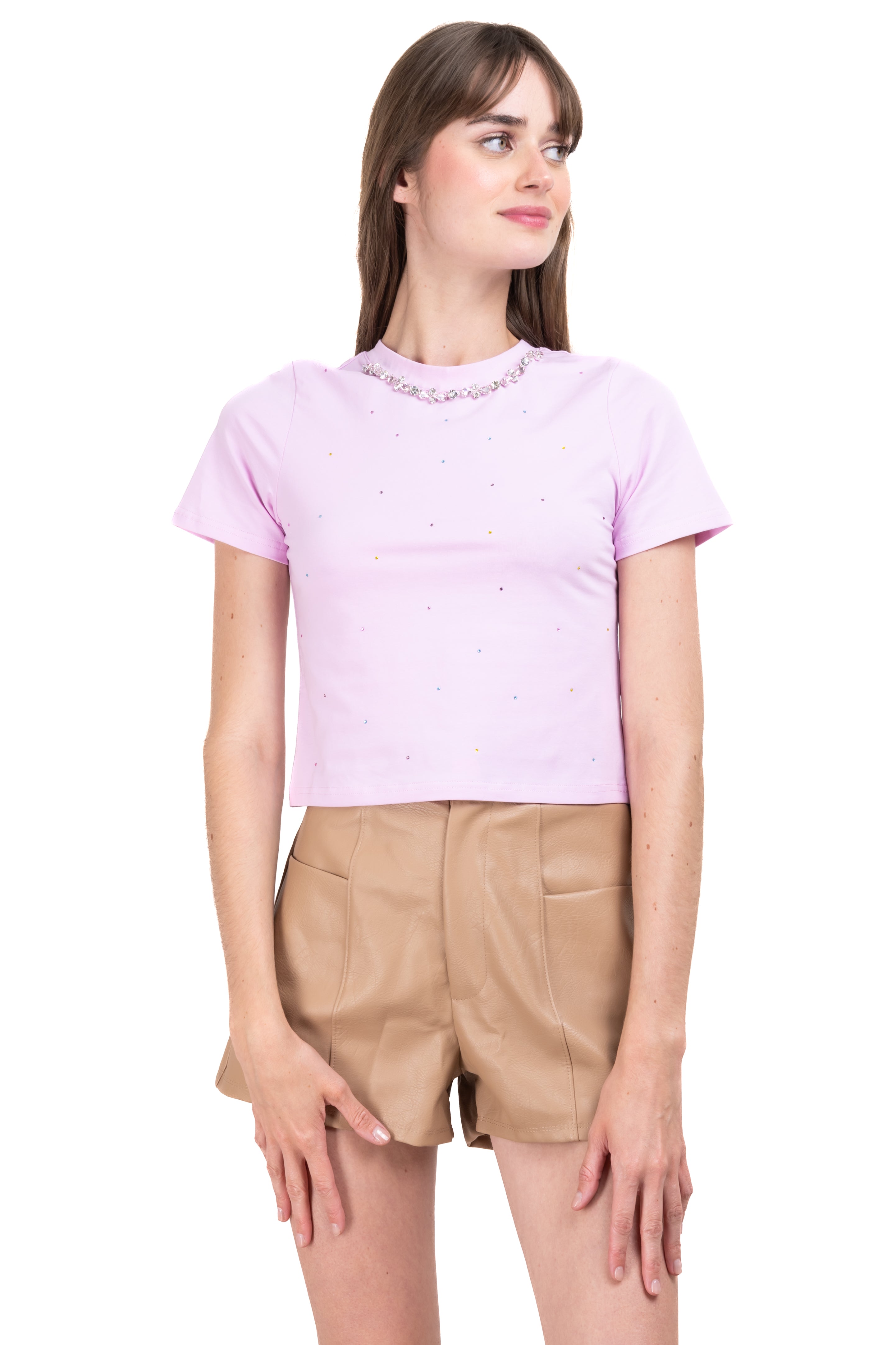 Top manga corta collar brillos LILA