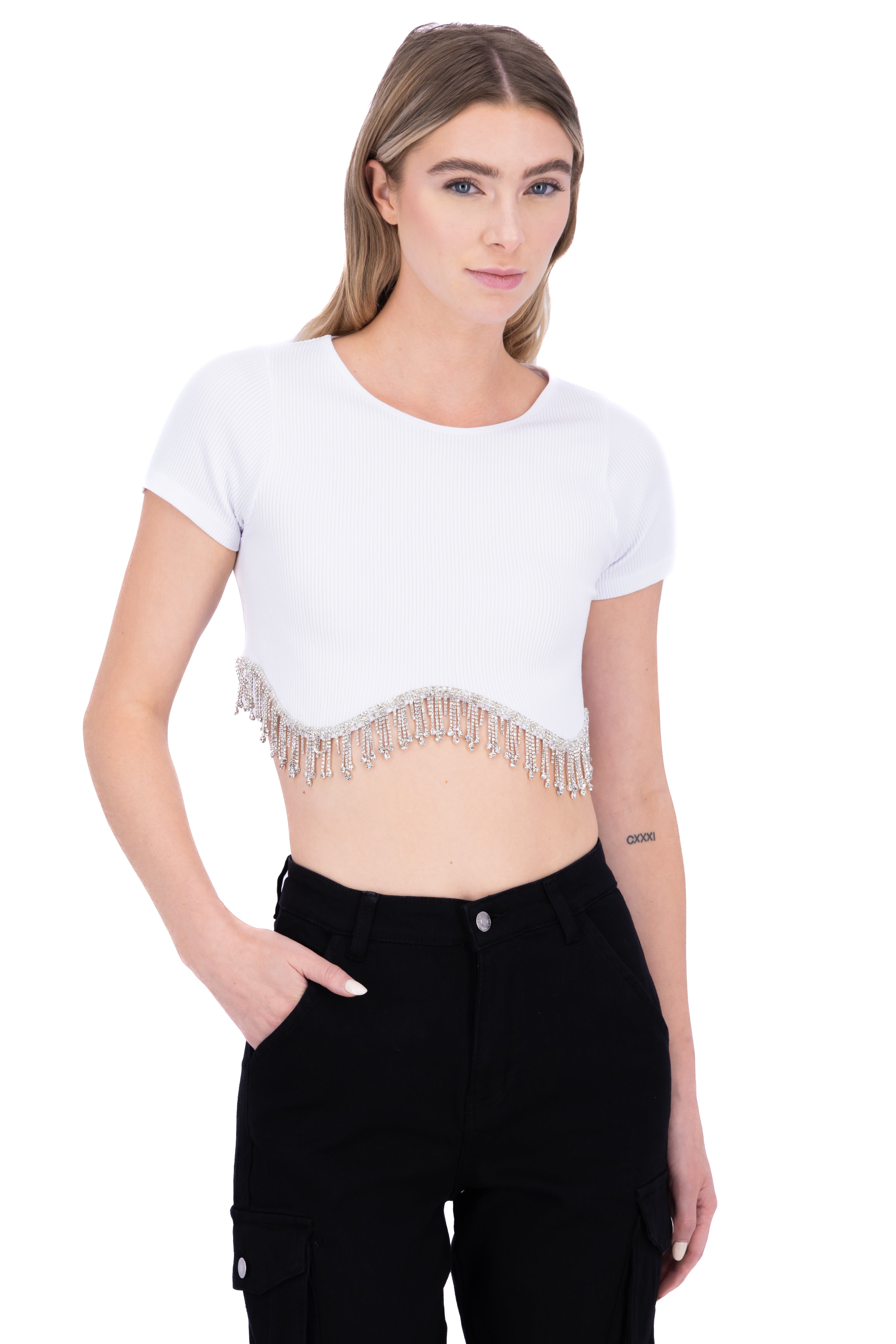 Top crop acanalado brillos BLANCO