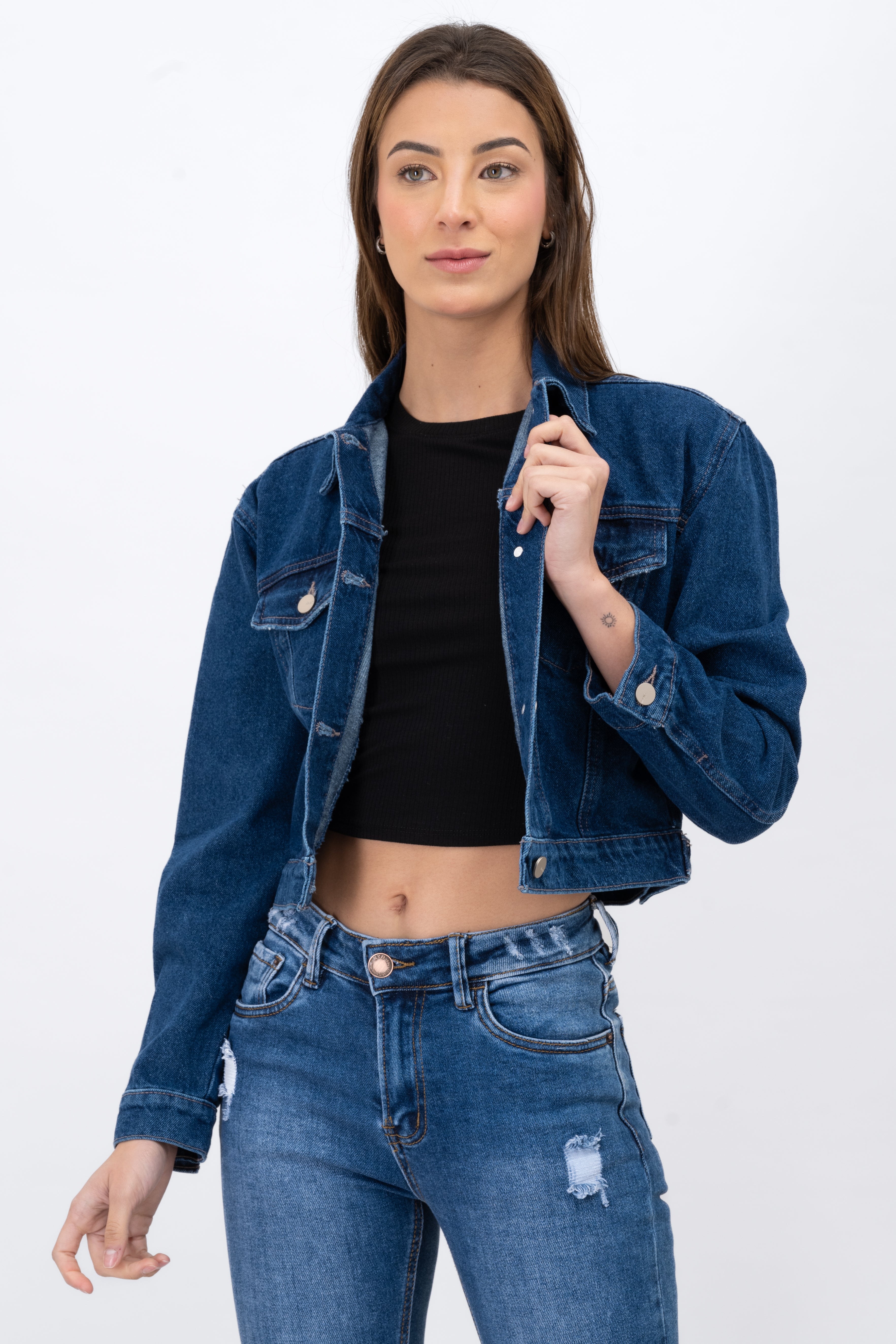 Denim Crop Chamarra Pockets Medium acid