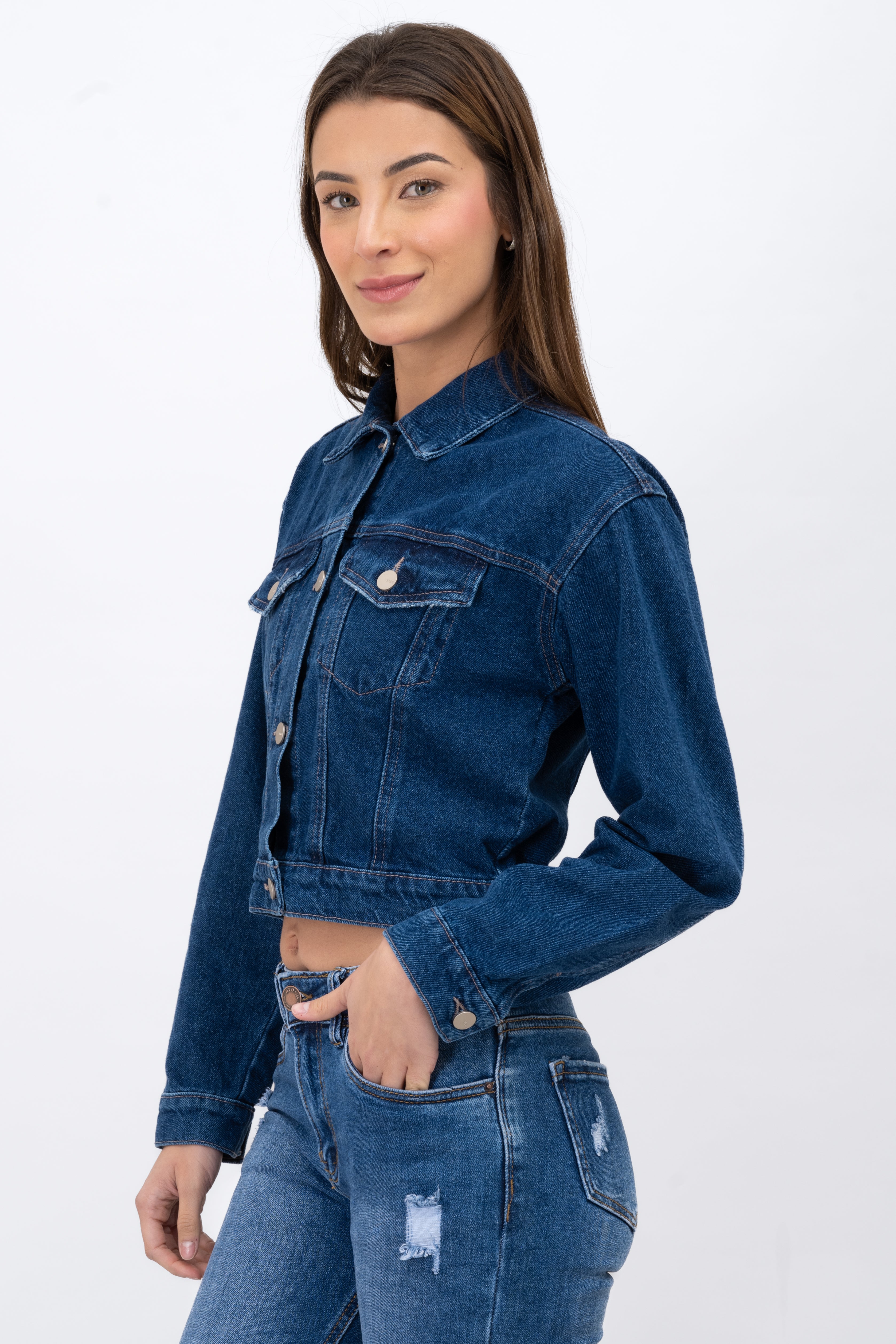 Denim Crop Chamarra Pockets Medium acid