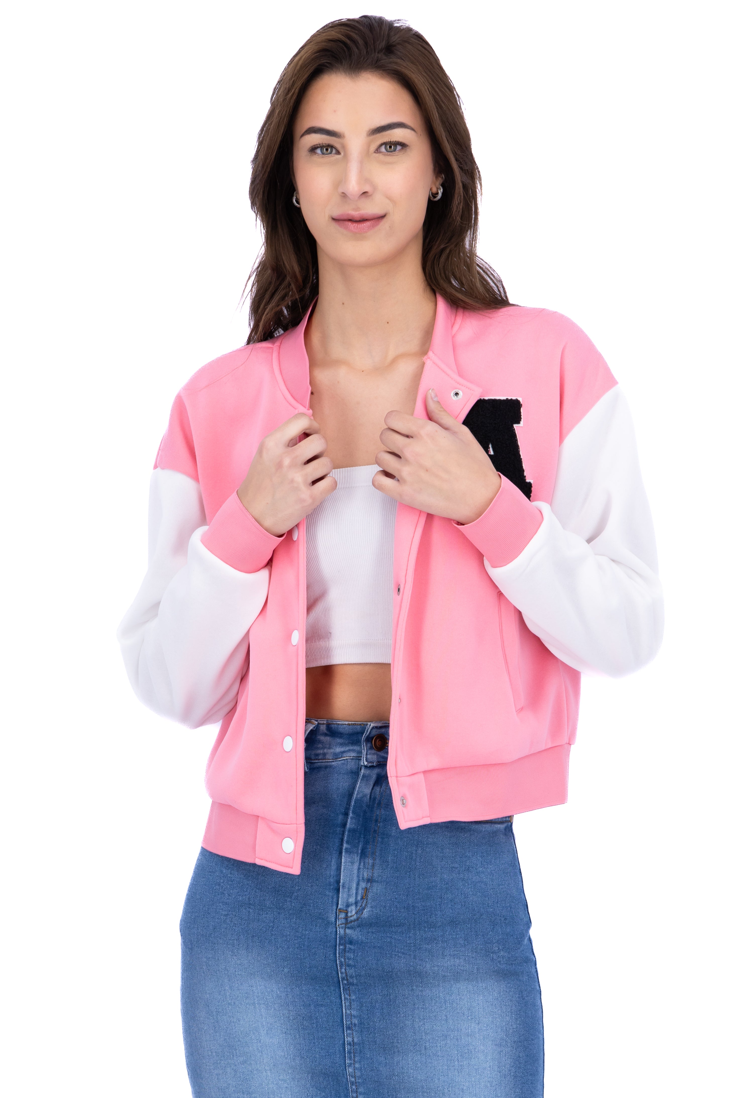 Chamarra bomber parche peluche ROSA COMBO