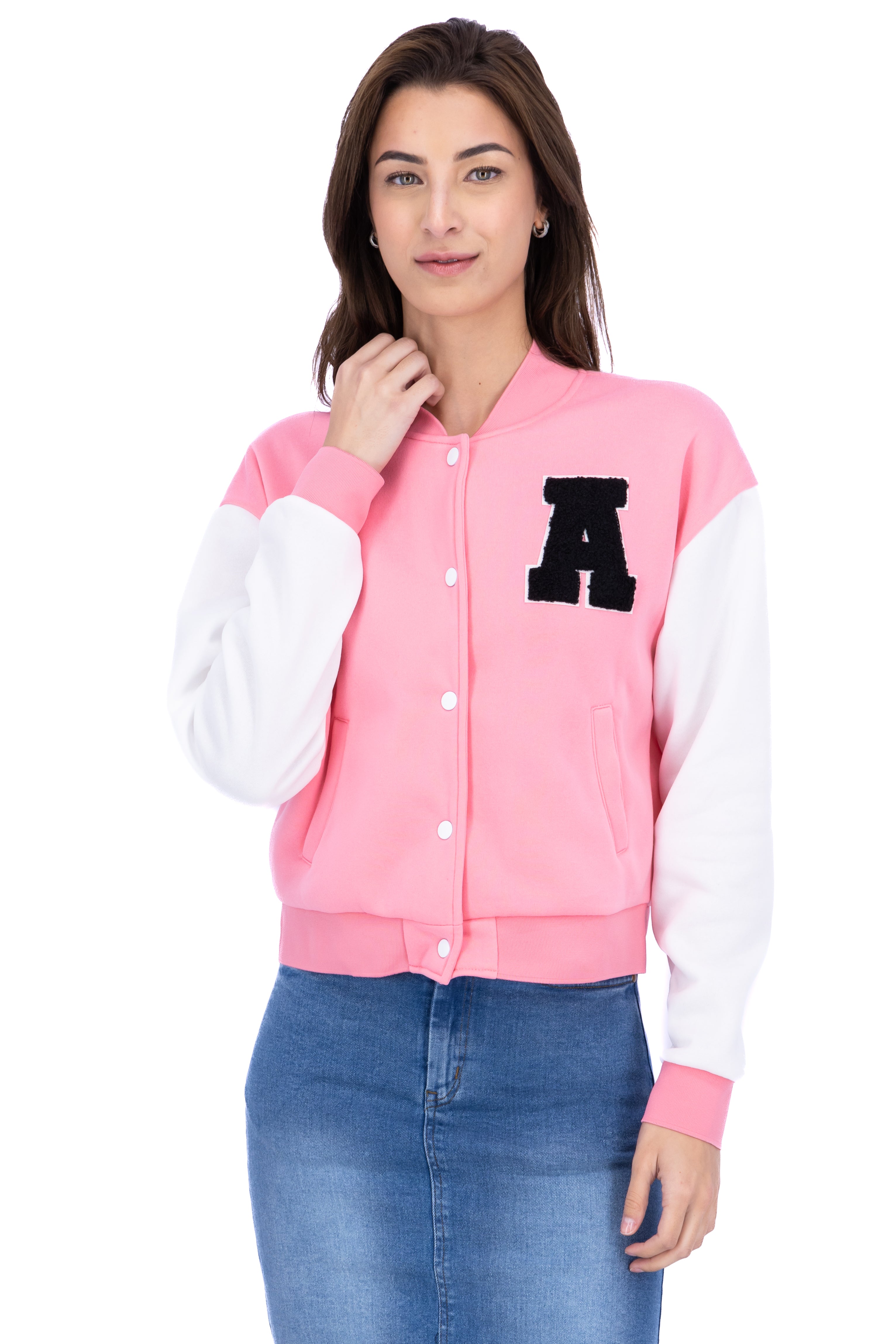 Chamarra bomber parche peluche ROSA COMBO