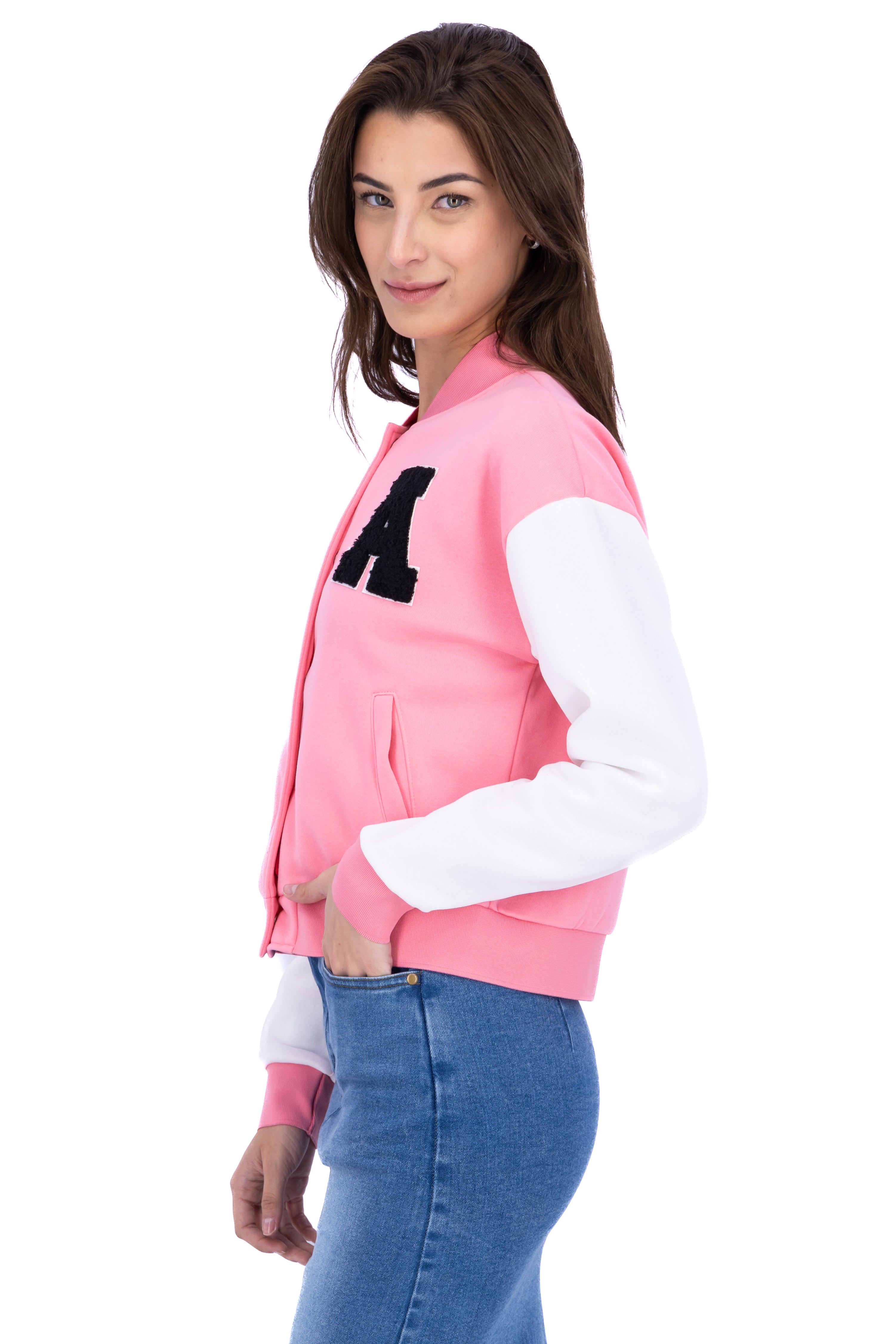 Chamarra bomber parche peluche ROSA COMBO