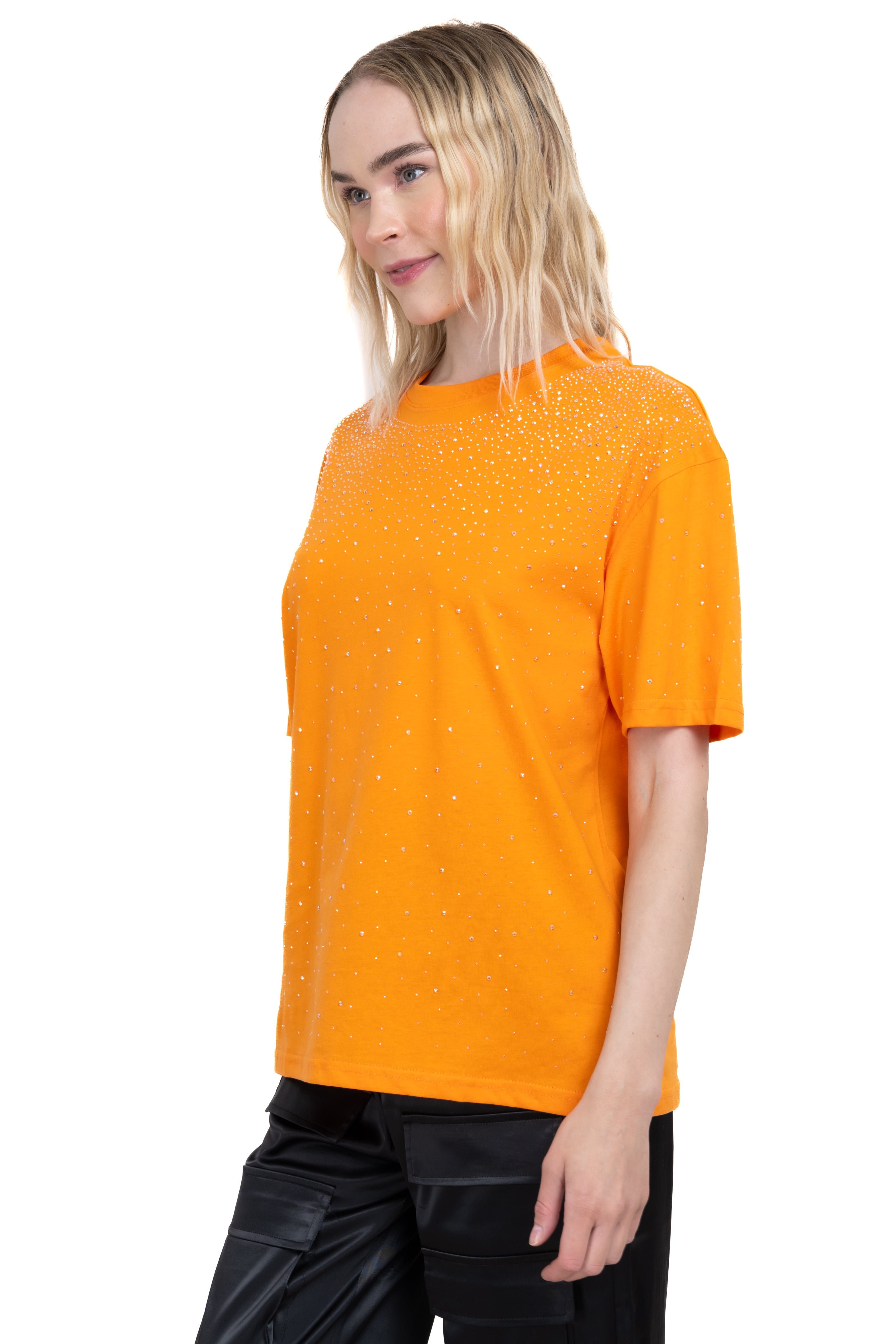 Playera cuello redondo brillos NARANJA