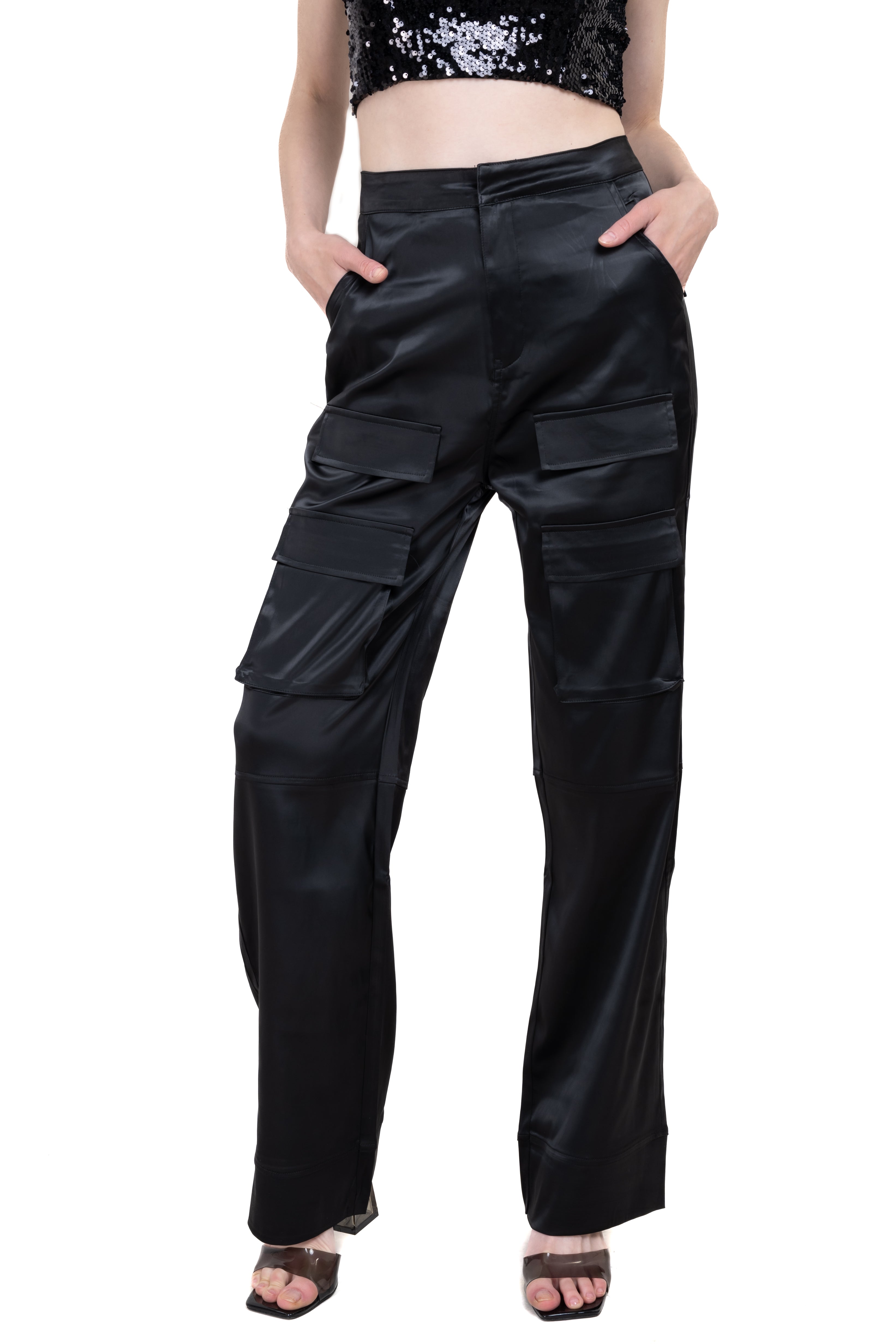 Straight satin pants BLACK