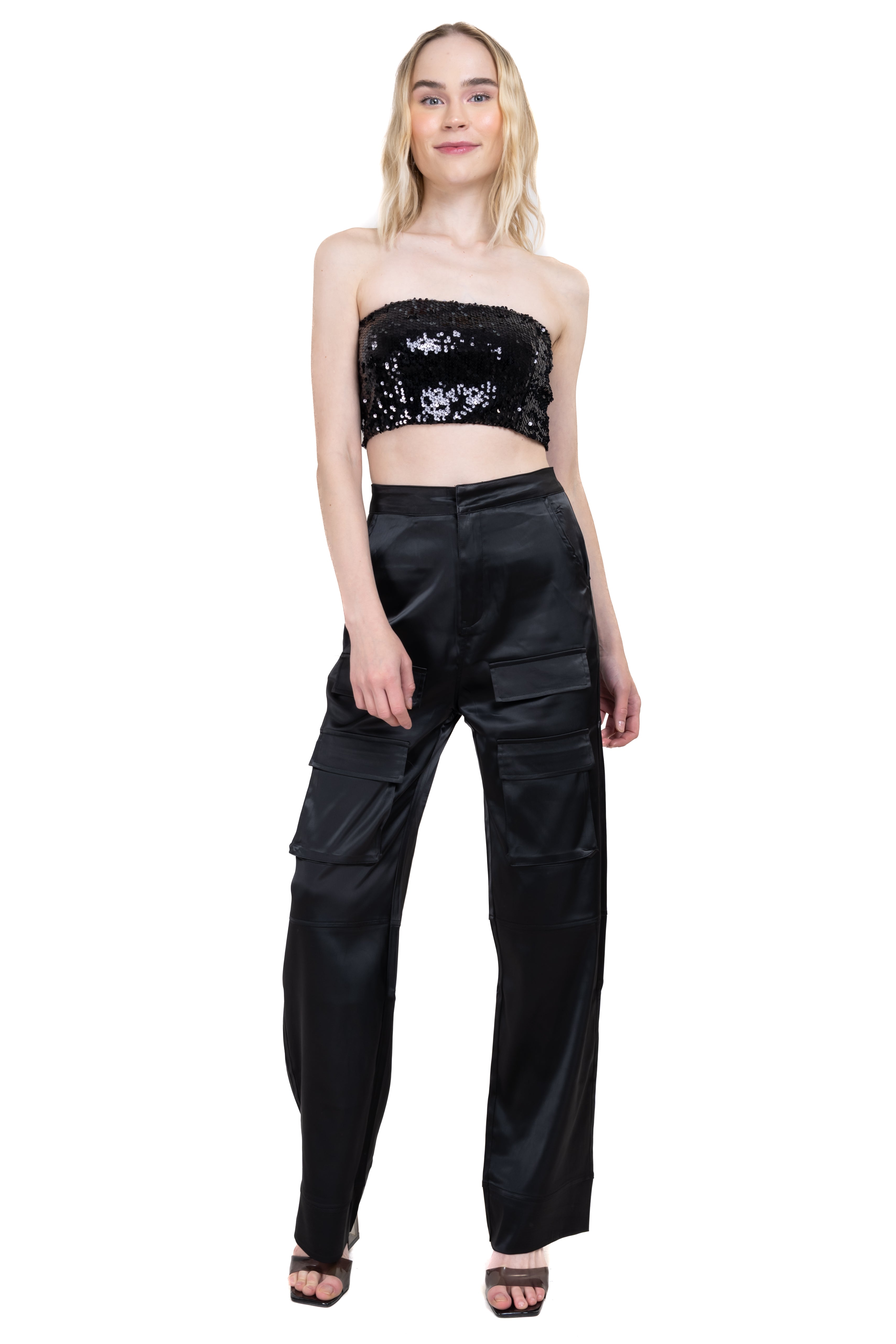 Straight satin pants BLACK