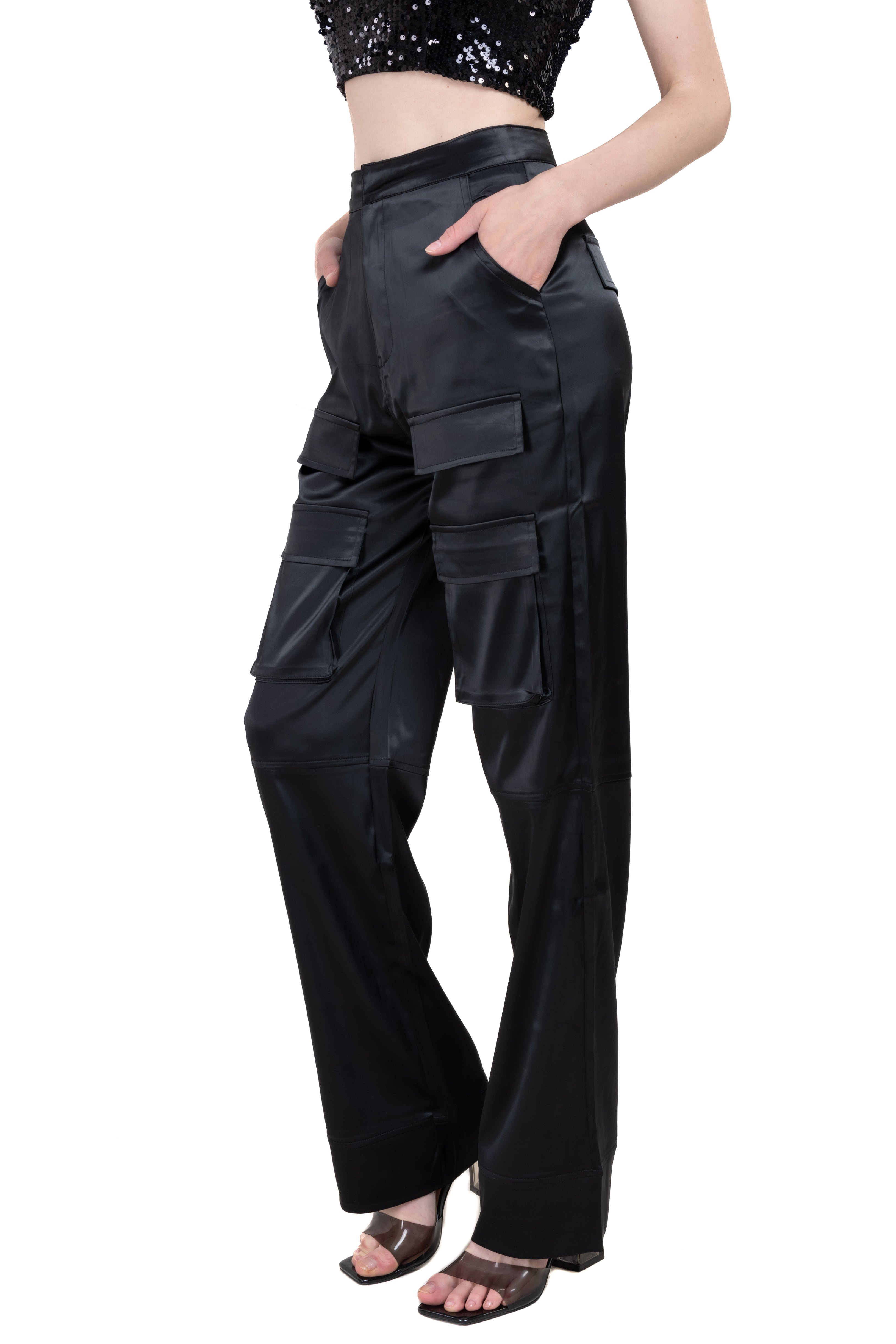 Straight satin pants BLACK