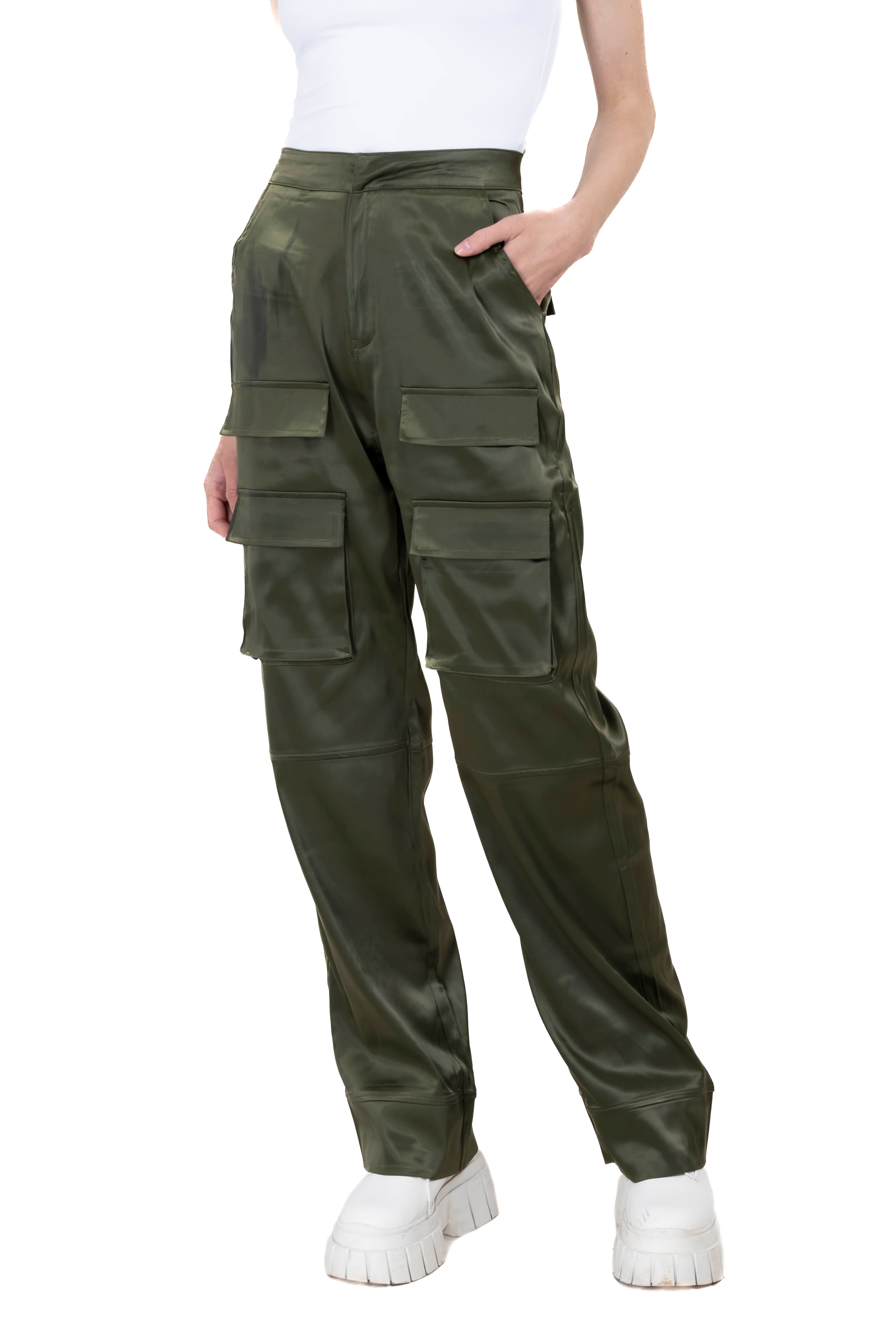 Straight satin pants OLIVE