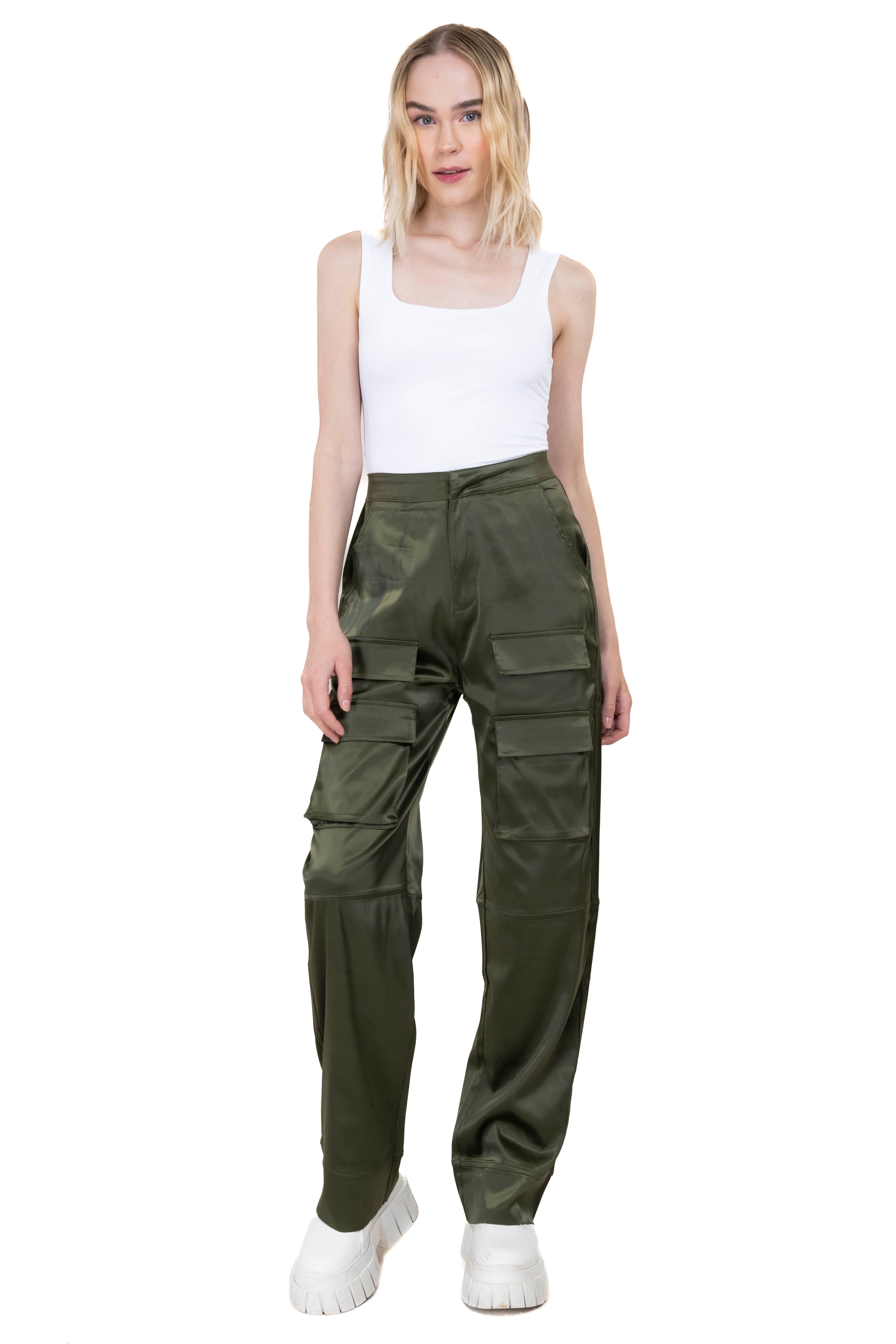 Straight satin pants OLIVE