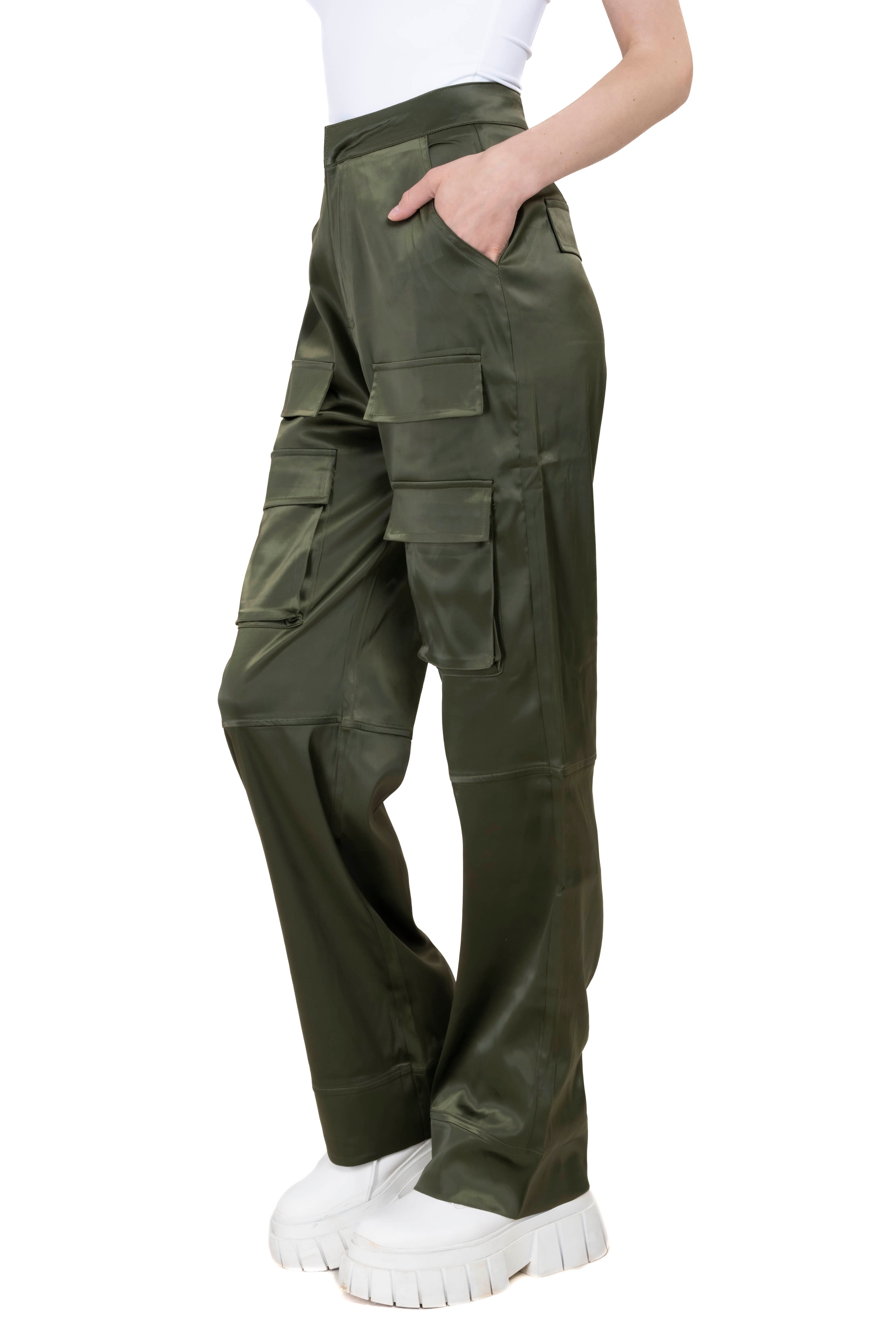 Straight satin pants OLIVE