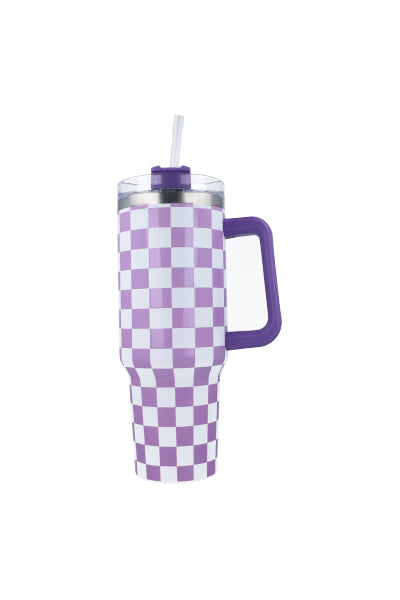 Vaso Térmico Asa Estampado Cuadros MORADO