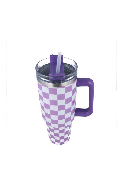 Vaso Térmico Asa Estampado Cuadros MORADO