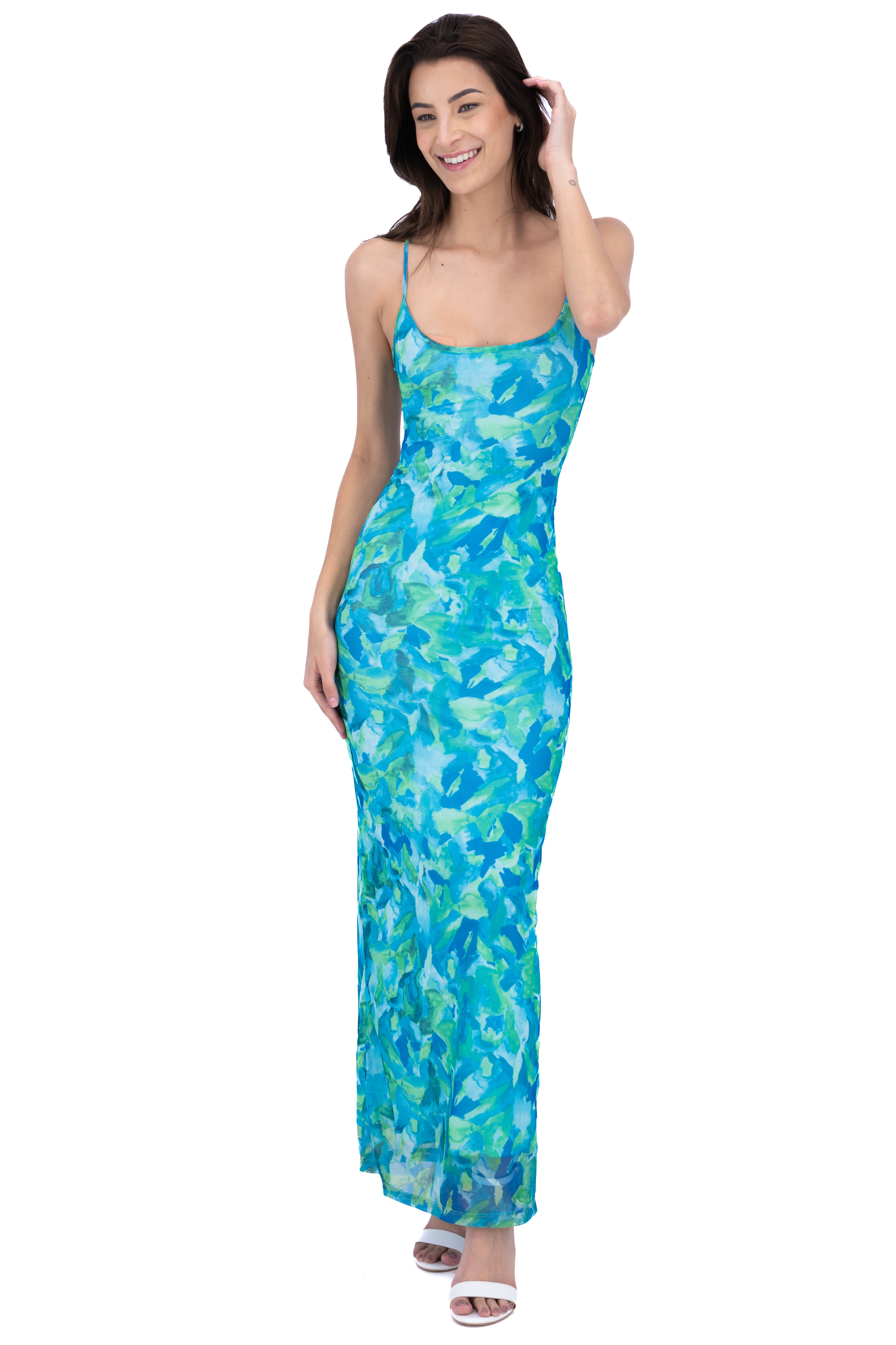 Vestido maxi mesh estampado AZUL COMBO