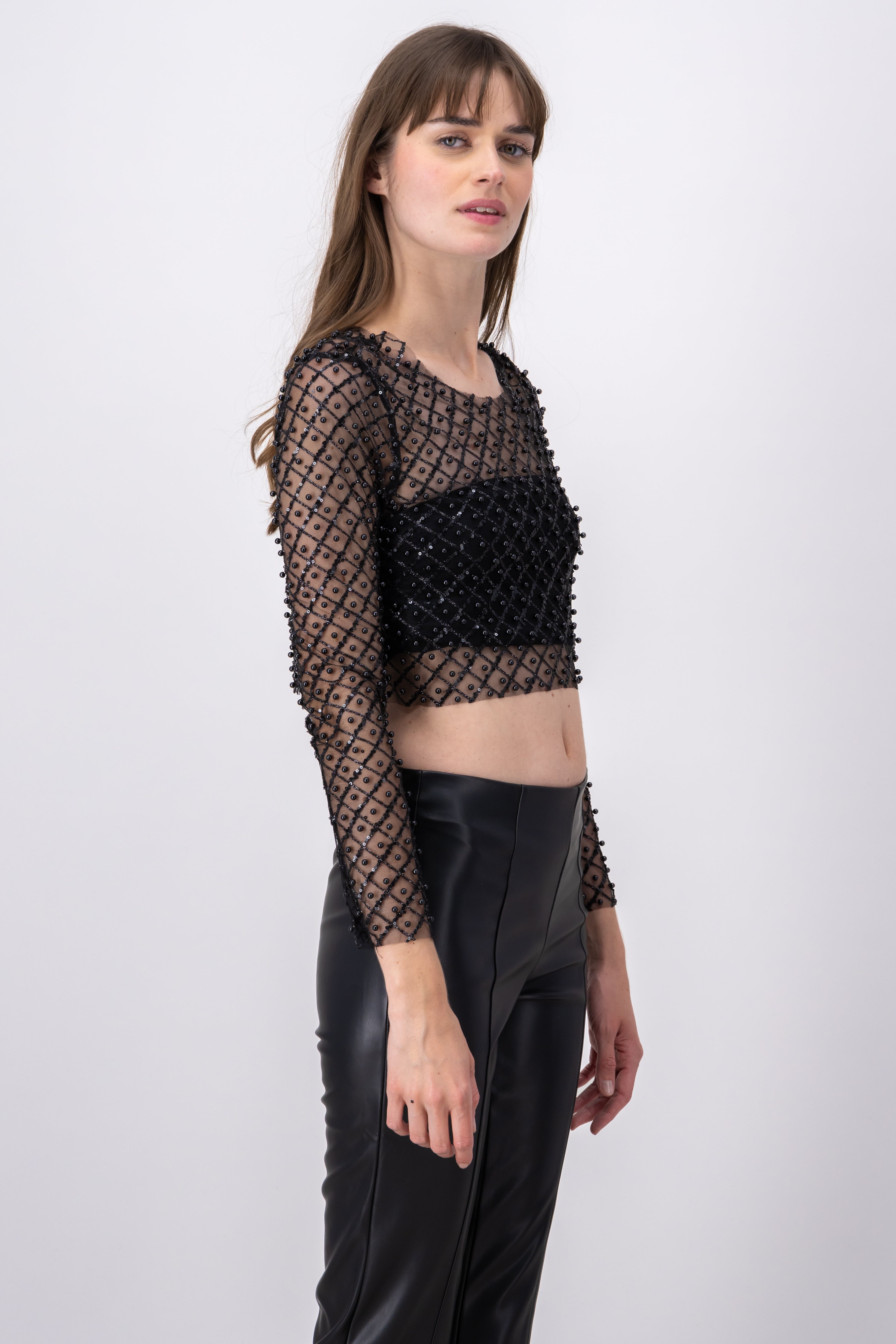 Top crop mesh perlas lentejuelas NEGRO