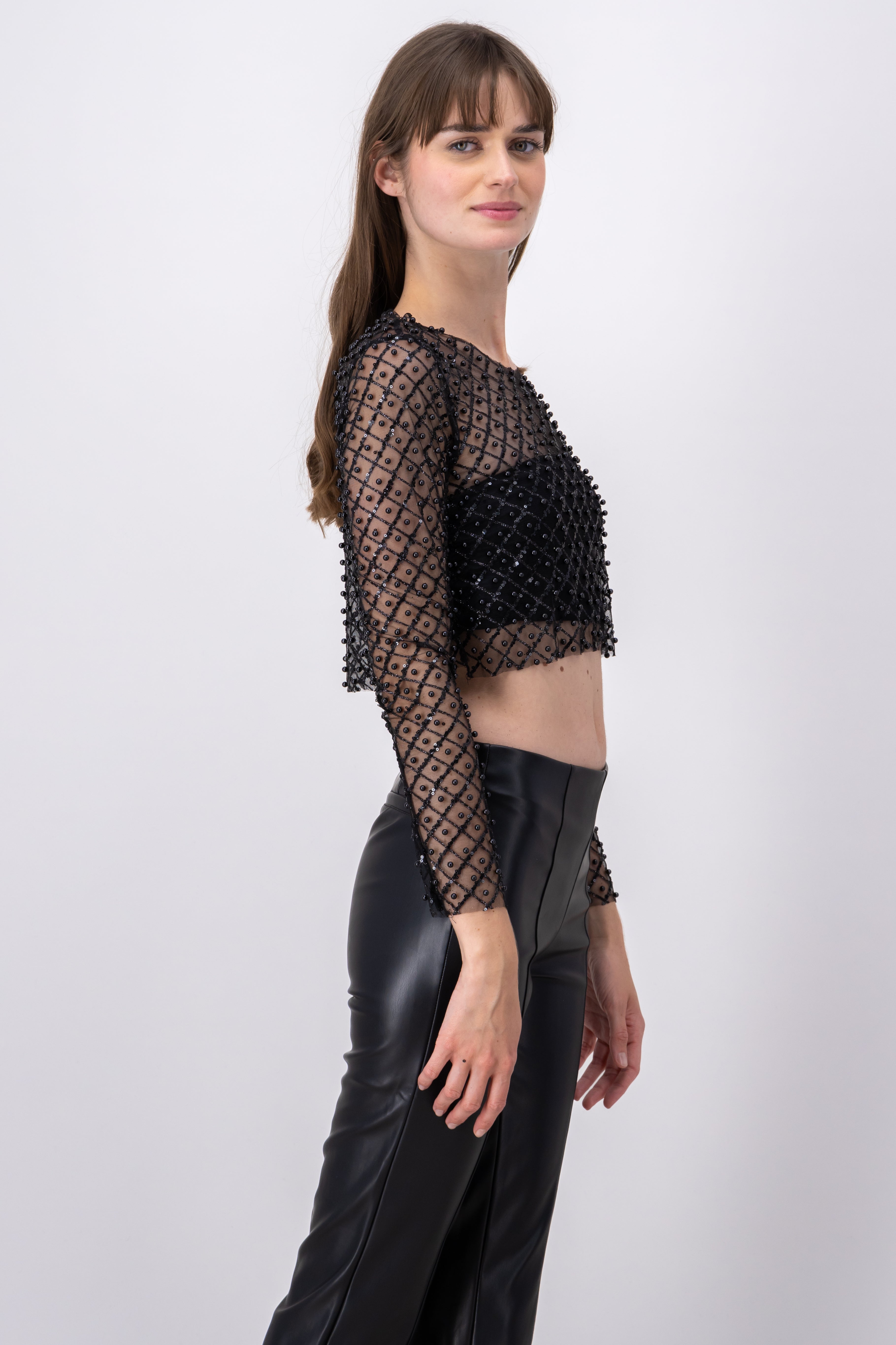 Top crop mesh perlas lentejuelas NEGRO