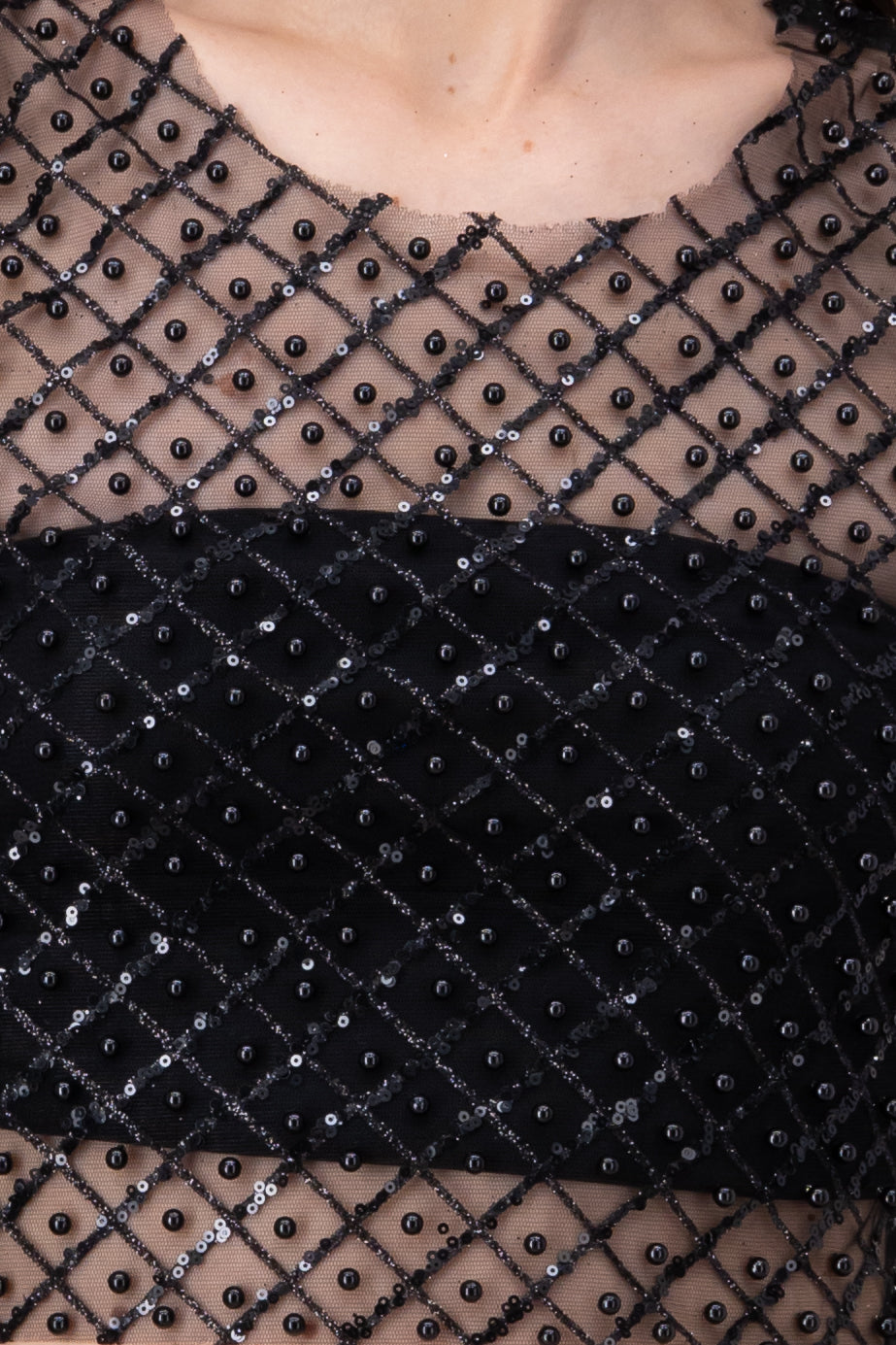 Top crop mesh perlas lentejuelas NEGRO