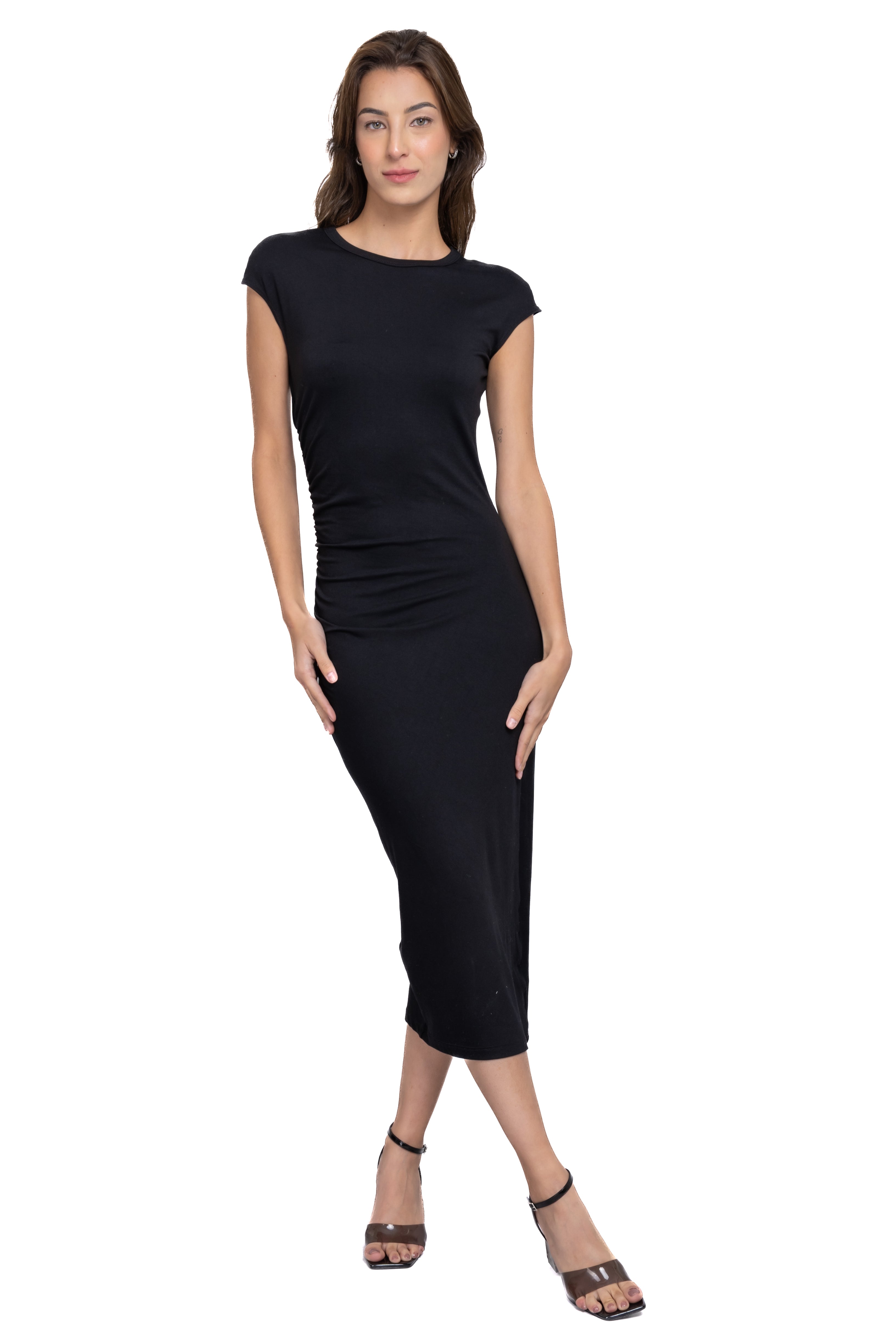 Vestido midi bodycon fruncido NEGRO