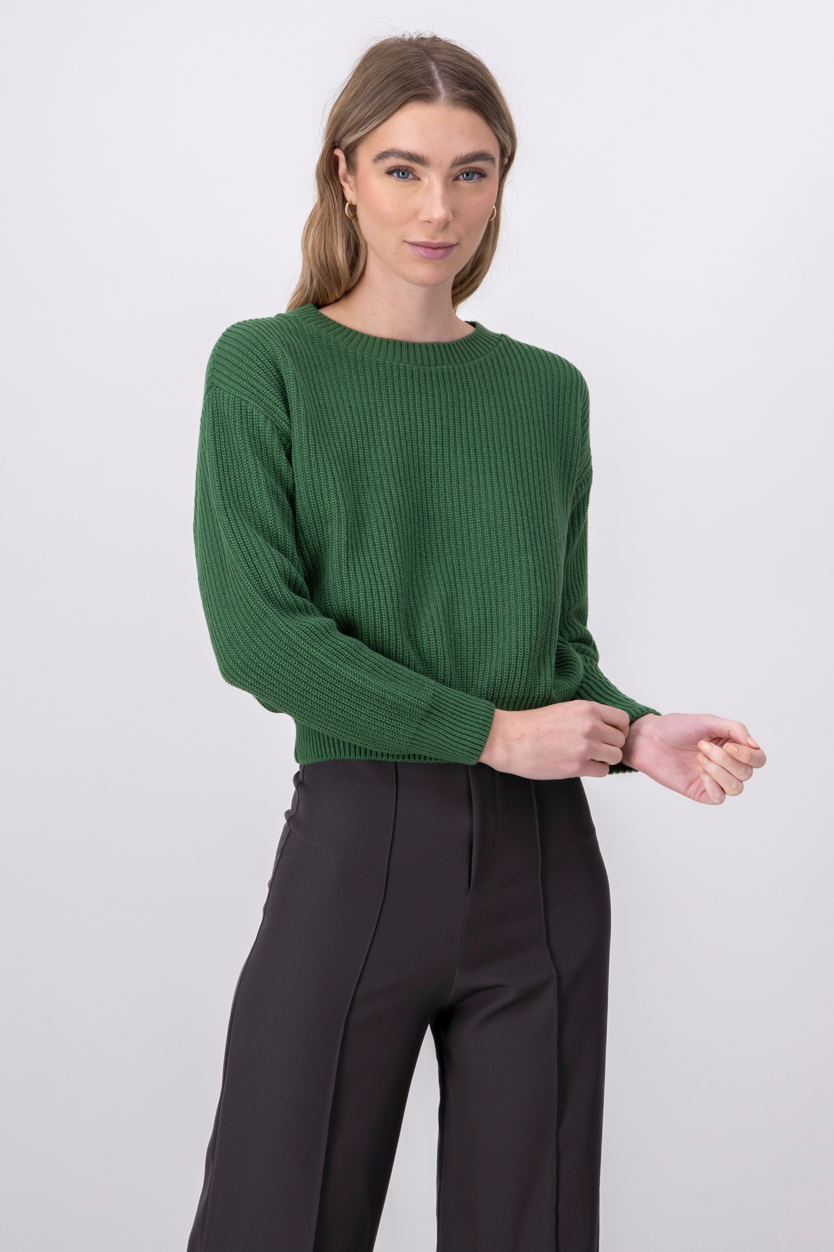 Round neck fabric sweater OLIVE