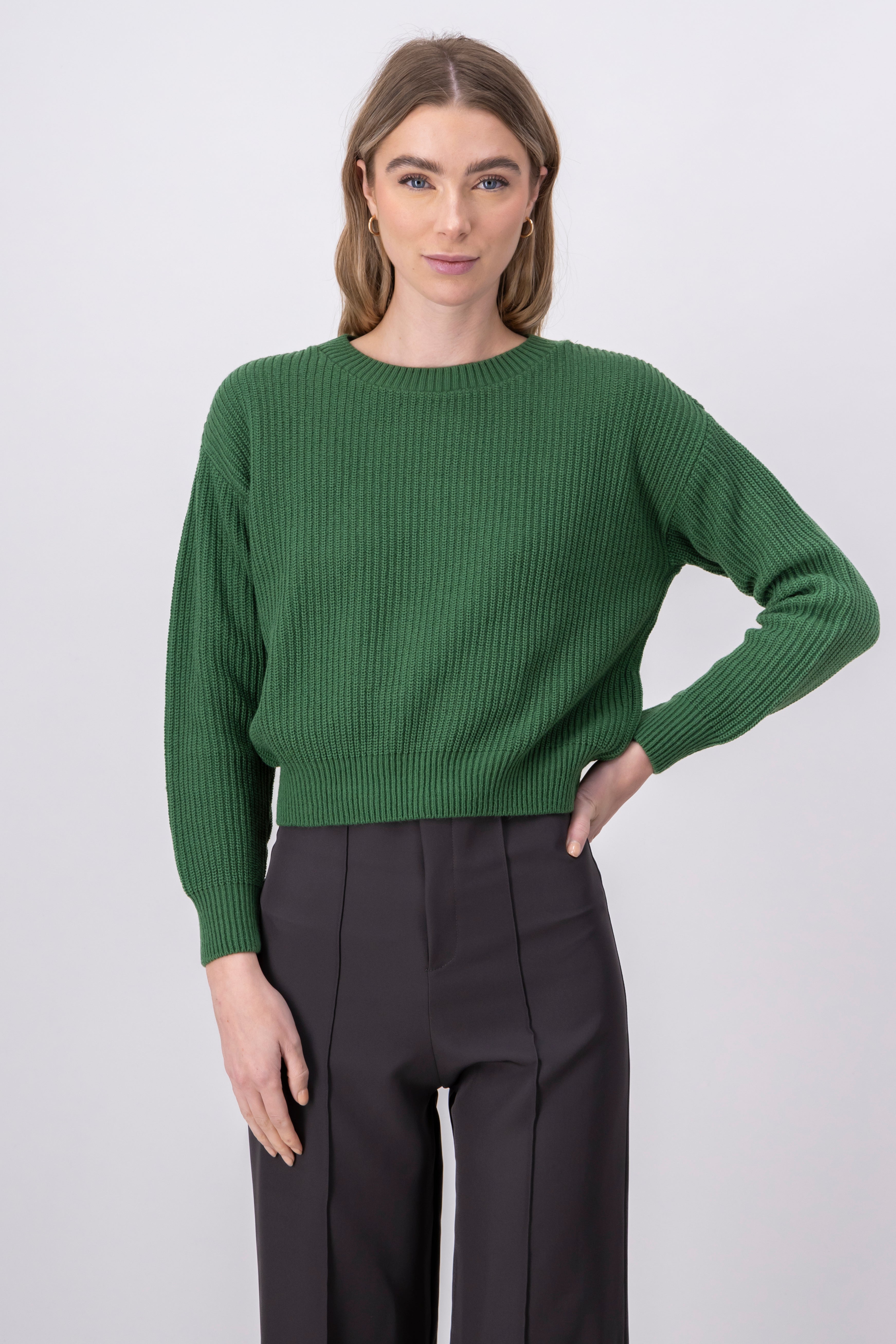 Round neck fabric sweater OLIVE