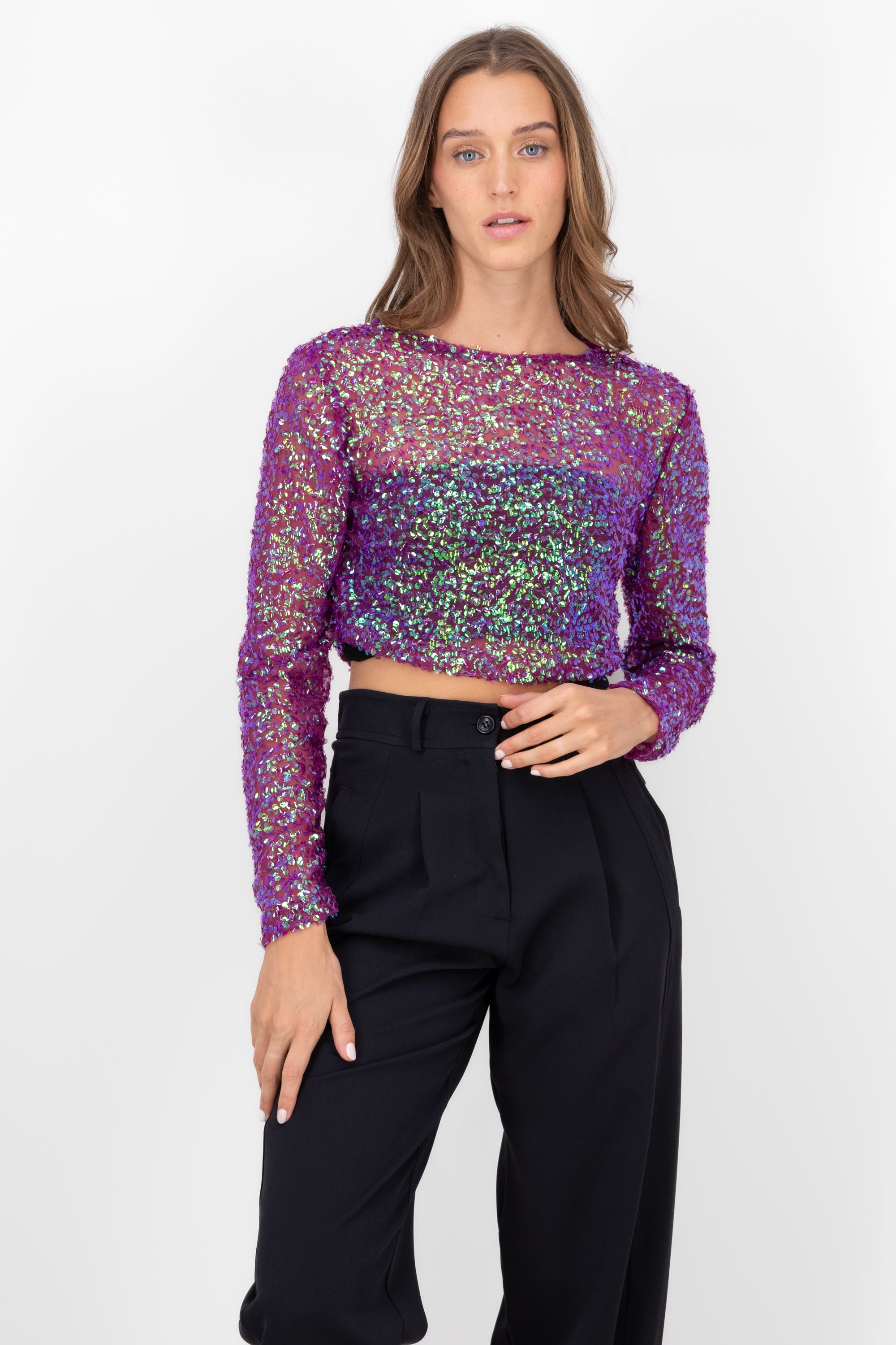 Top Crop Manga Larga Lentejuelas MORADO