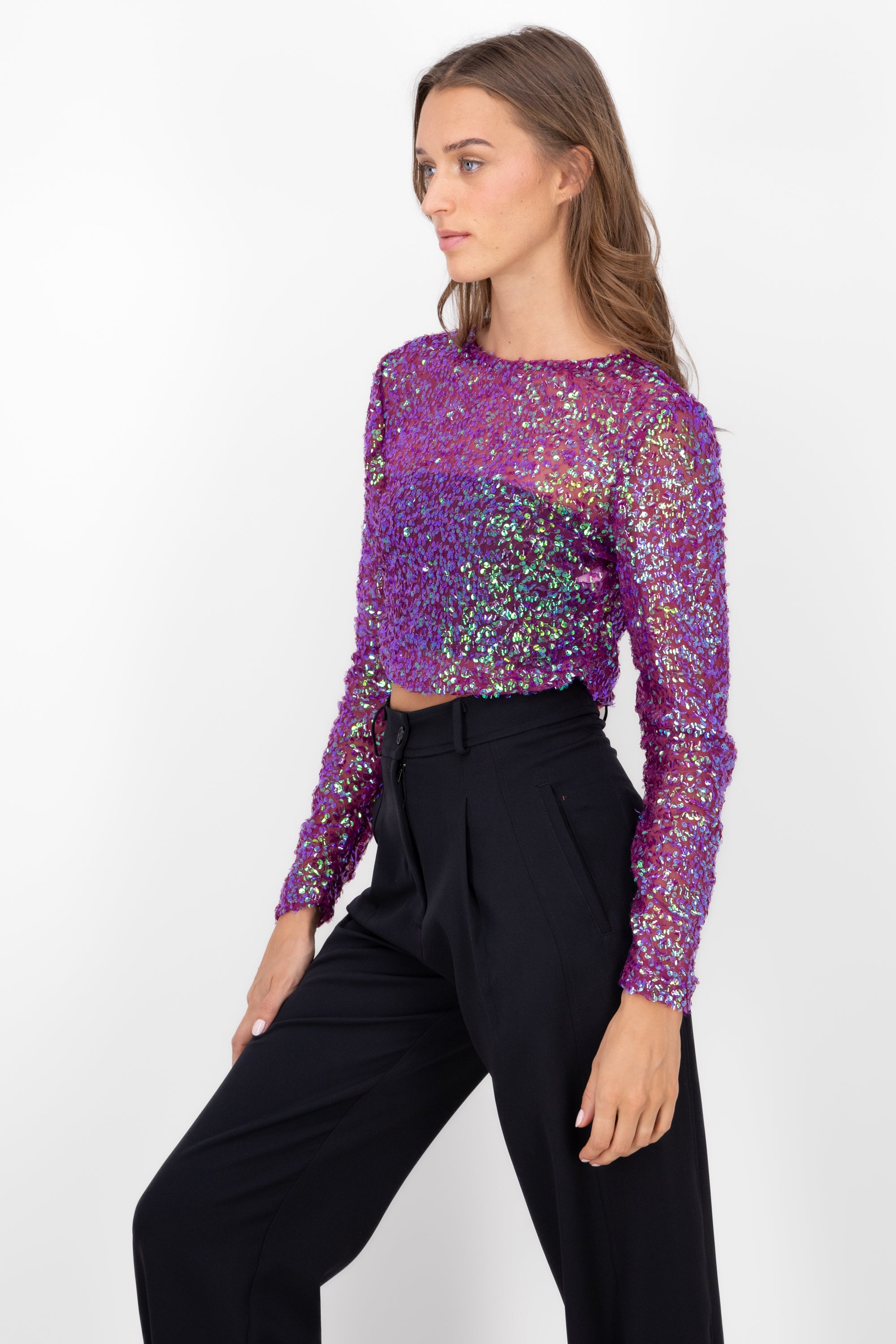 Top Crop Manga Larga Lentejuelas MORADO