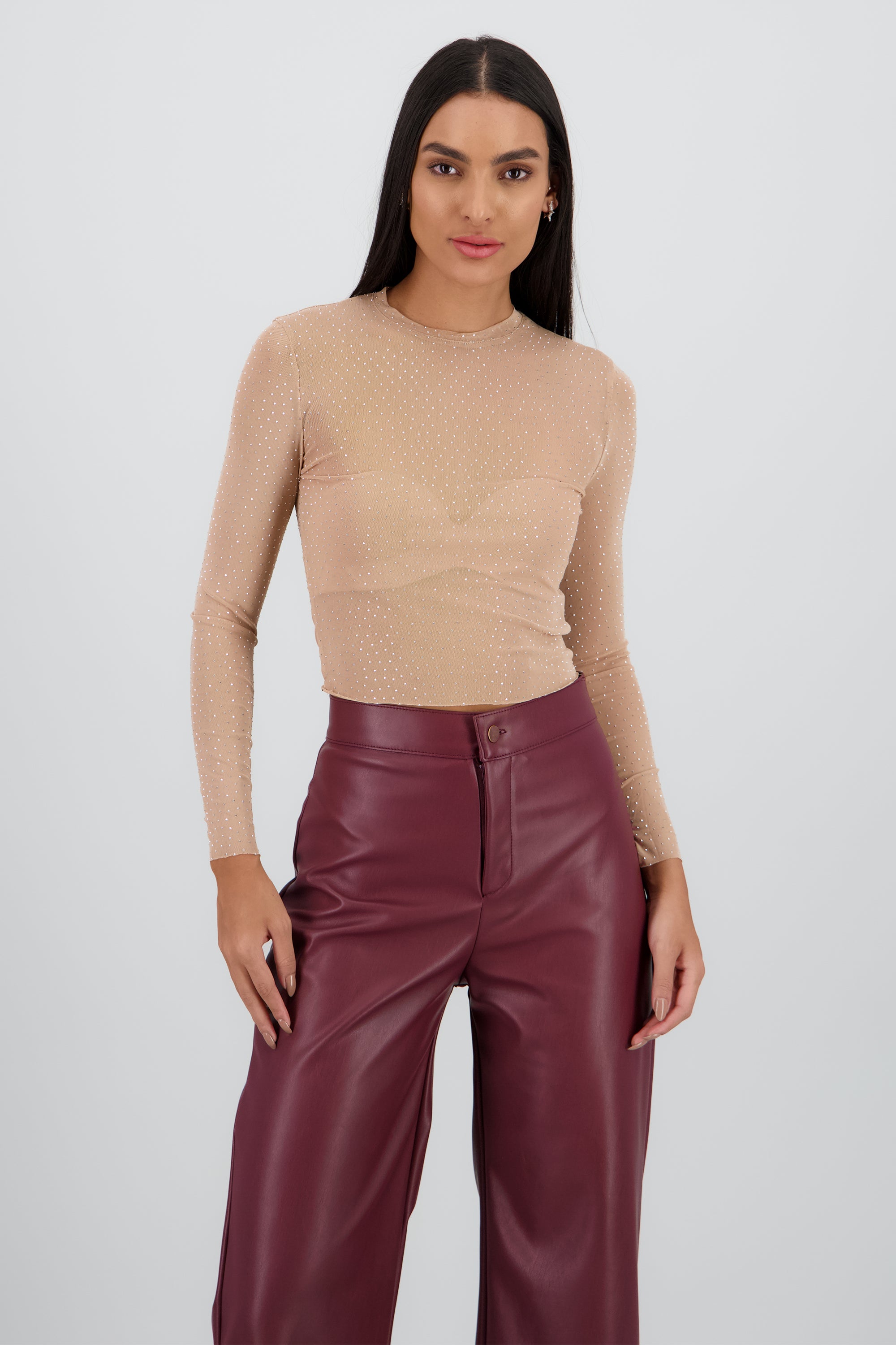 Top Mesh Manga Larga Brillos BEIGE