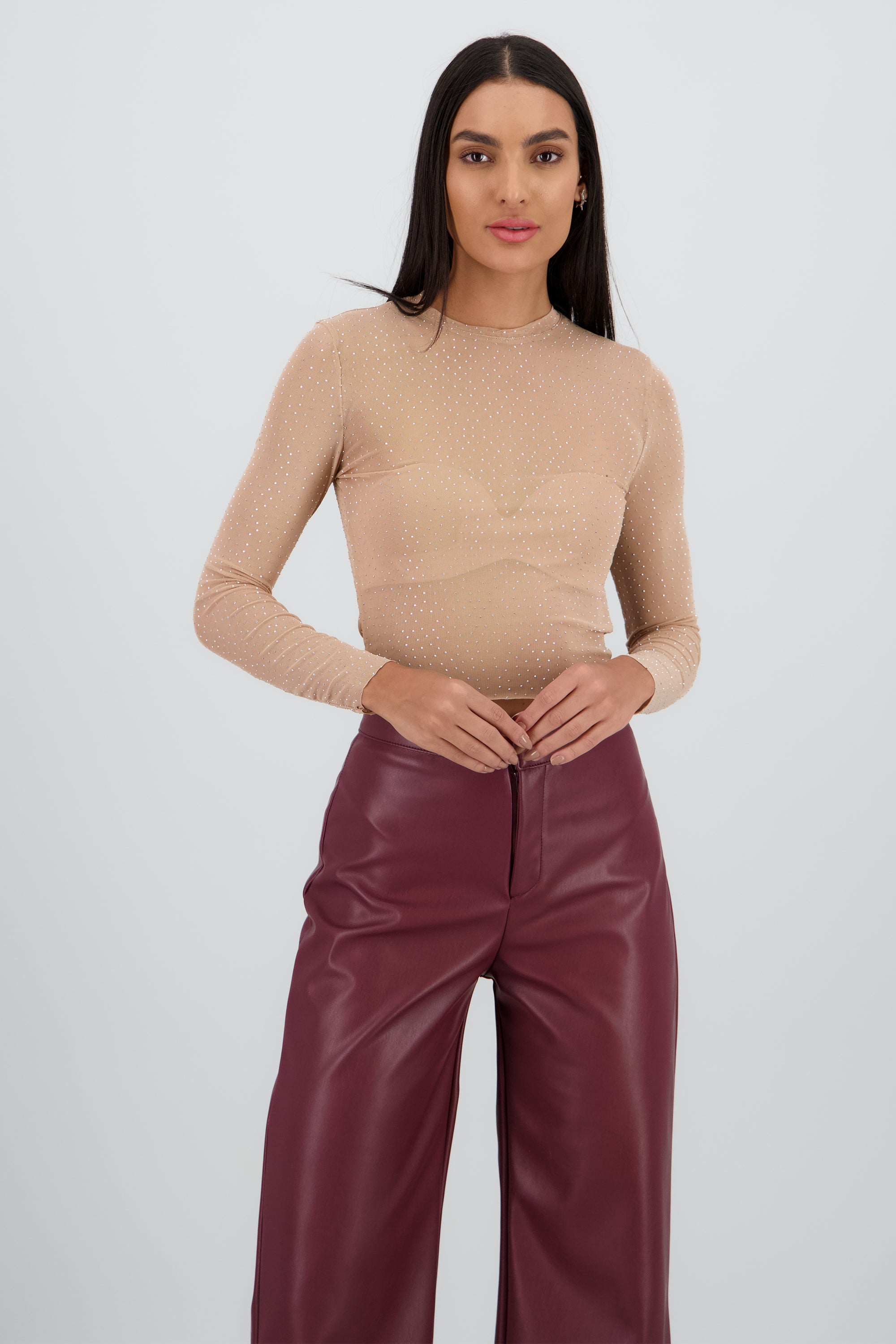 Top Mesh Manga Larga Brillos BEIGE