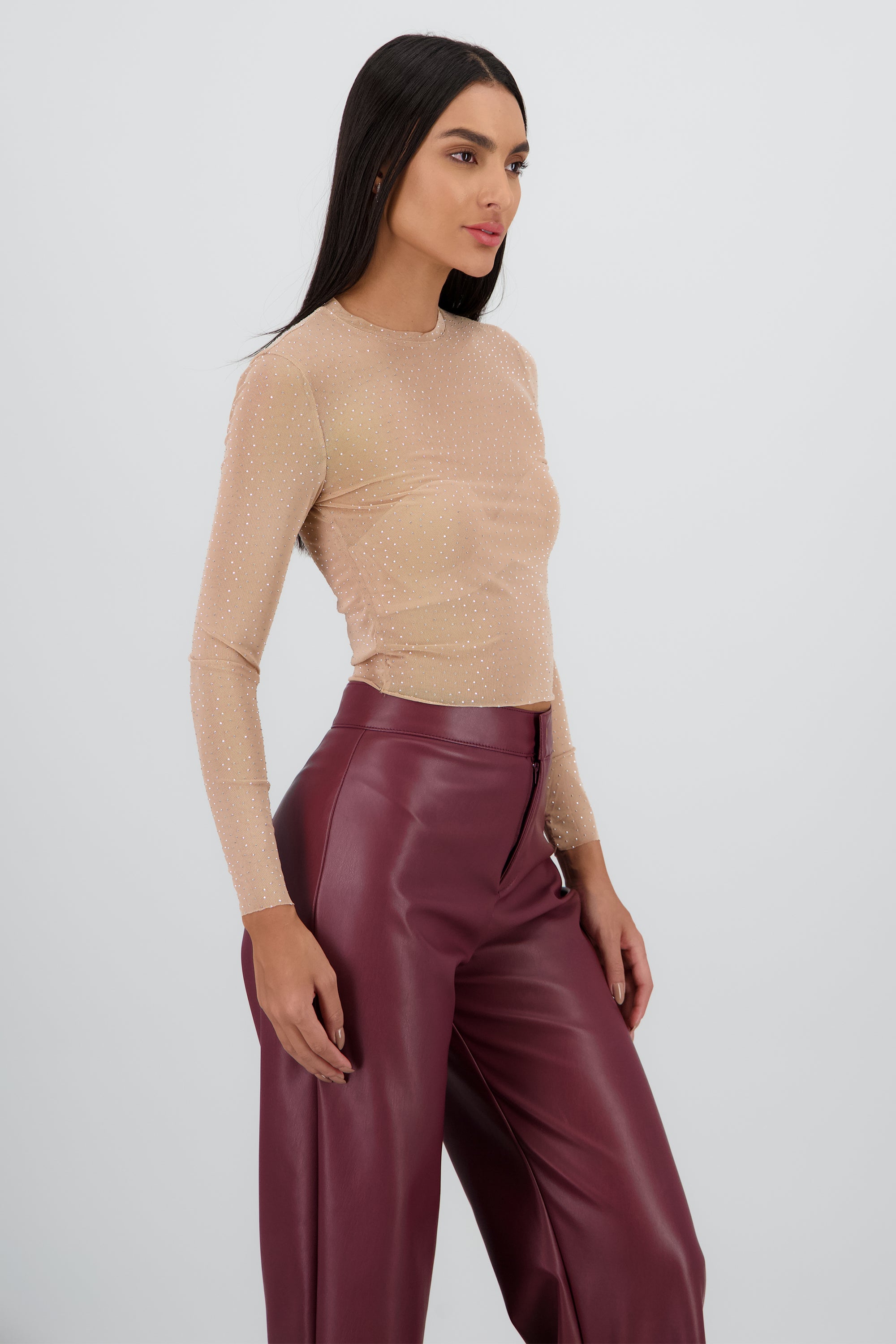 Top Mesh Manga Larga Brillos BEIGE
