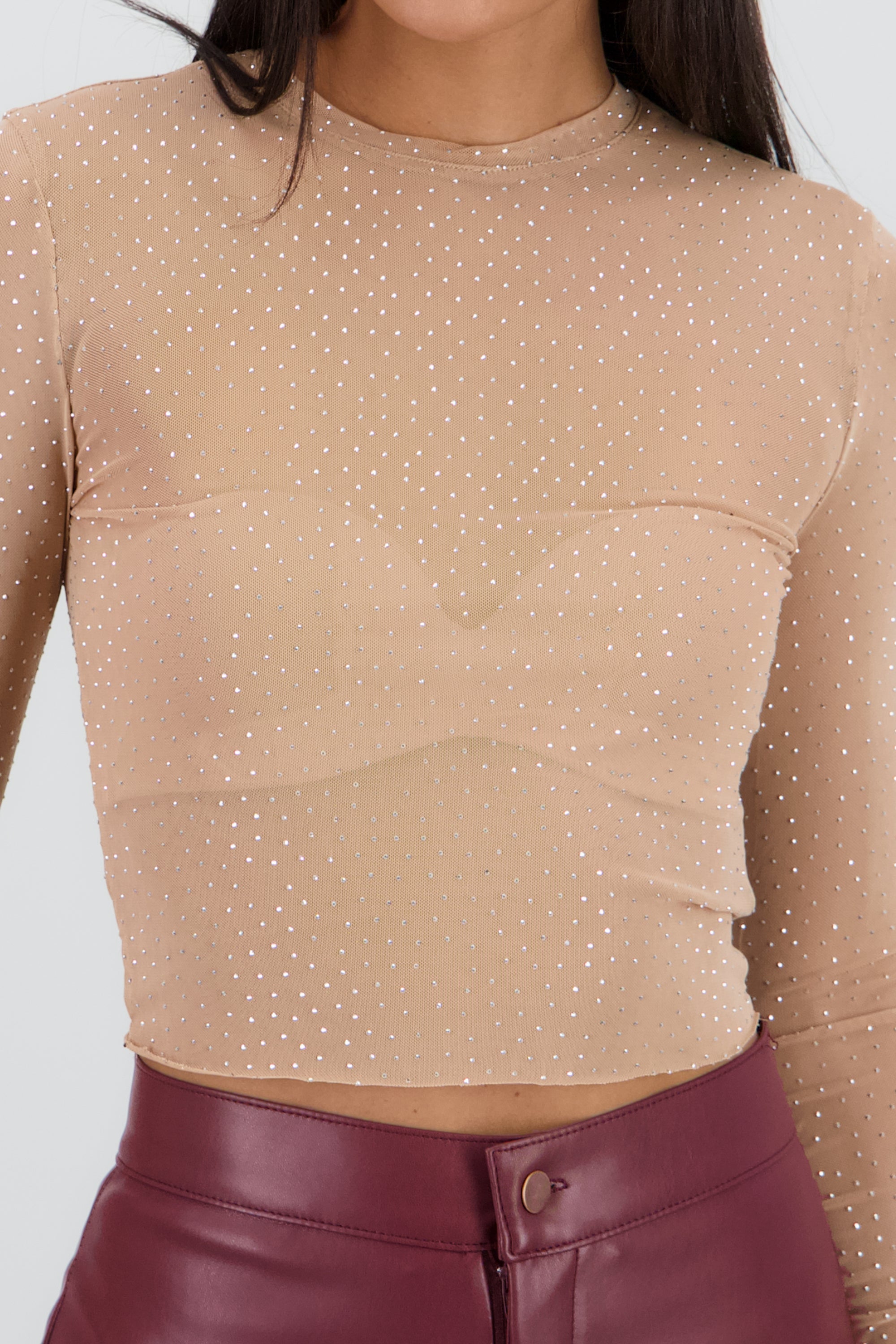 Top Mesh Manga Larga Brillos BEIGE