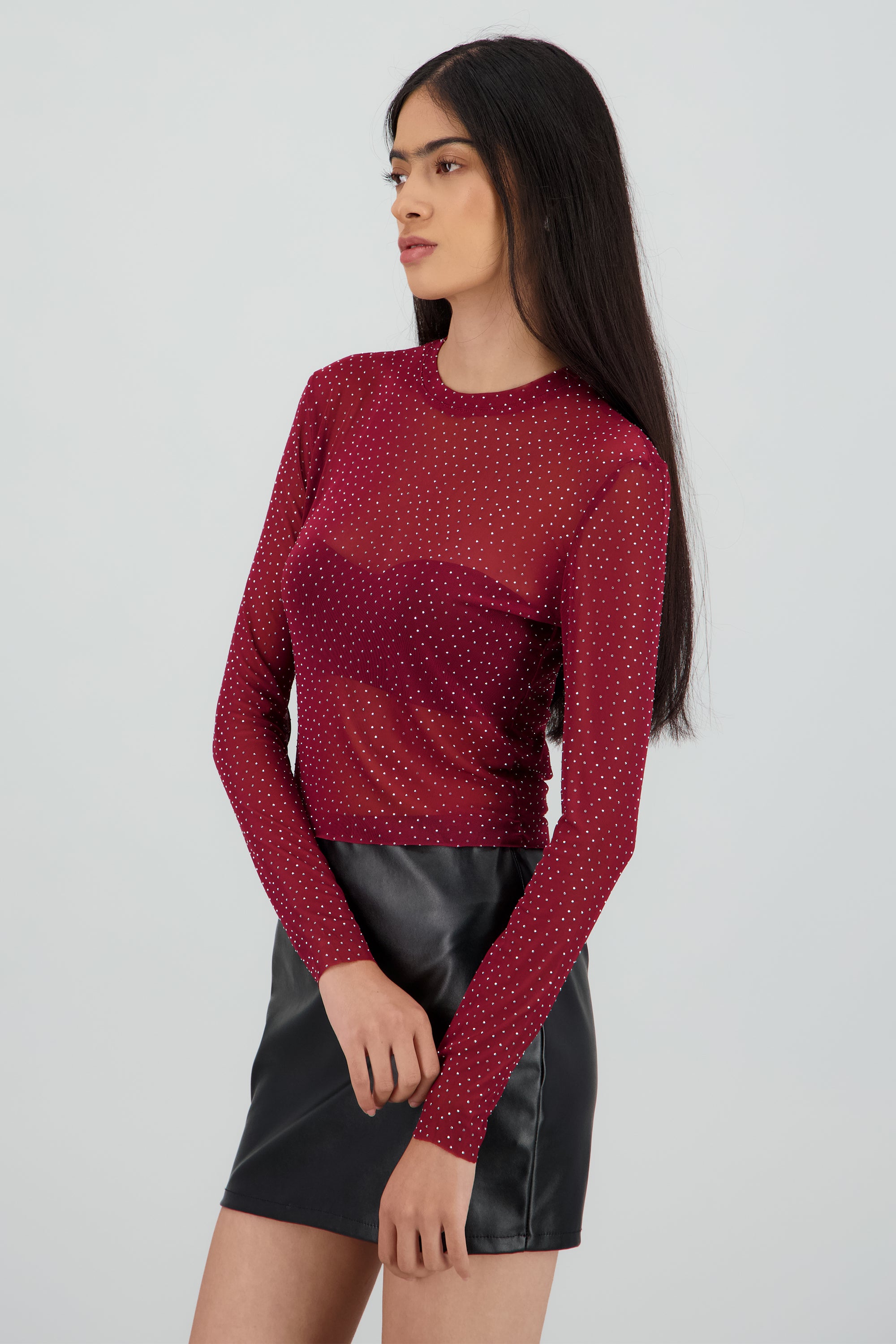 Top Mesh Manga Larga Brillos CIRUELA