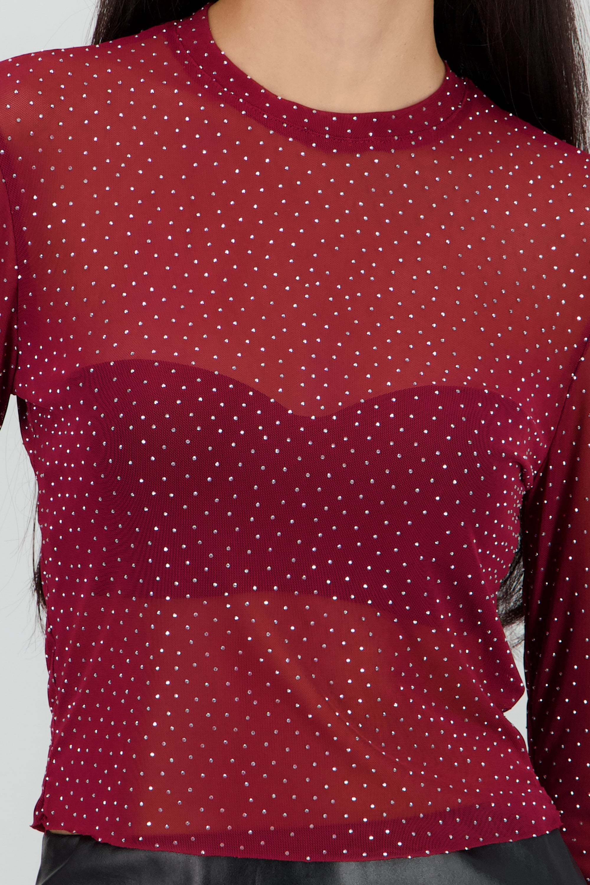 Top Mesh Manga Larga Brillos CIRUELA