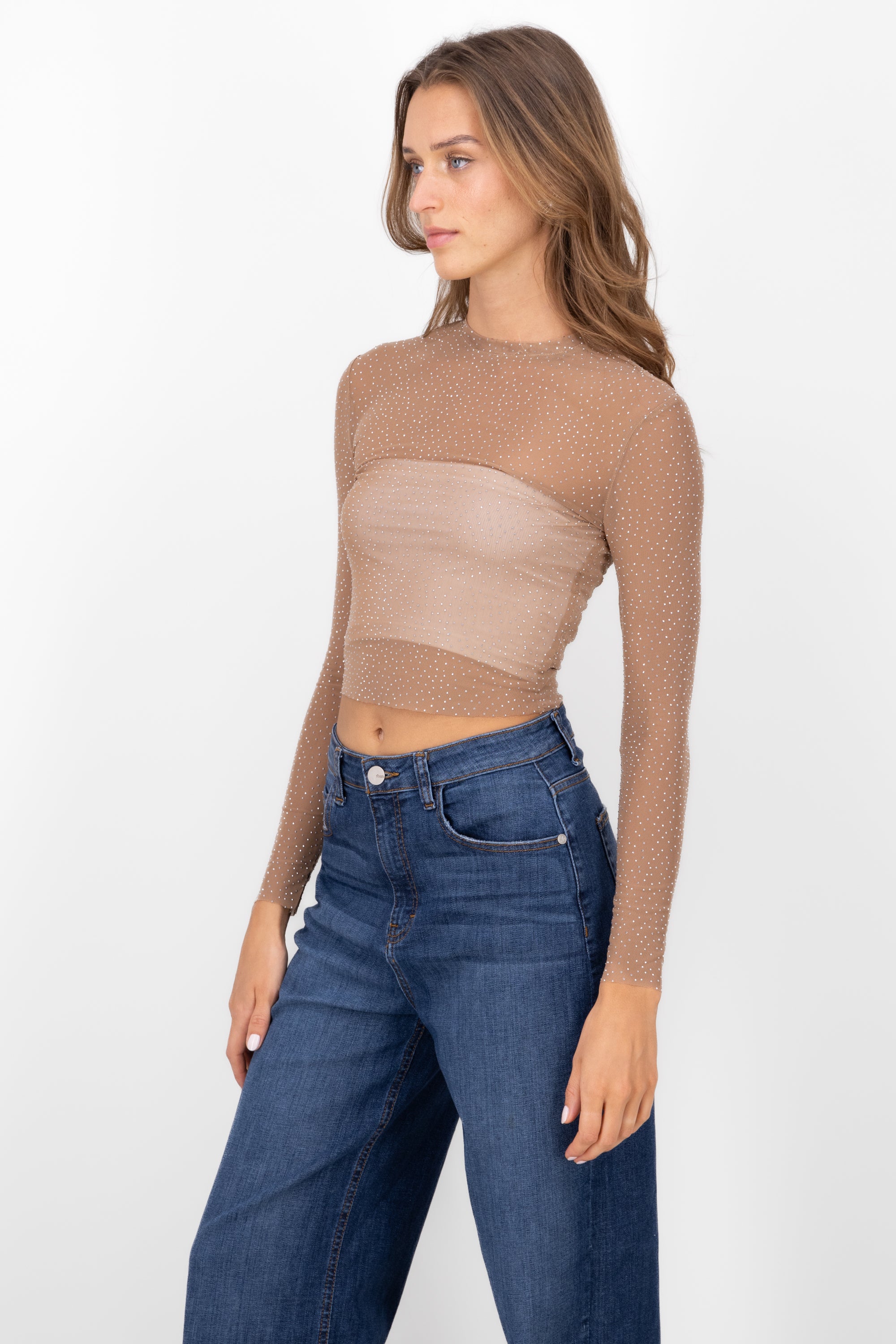 Top mesh long sleeve shine COFFEE