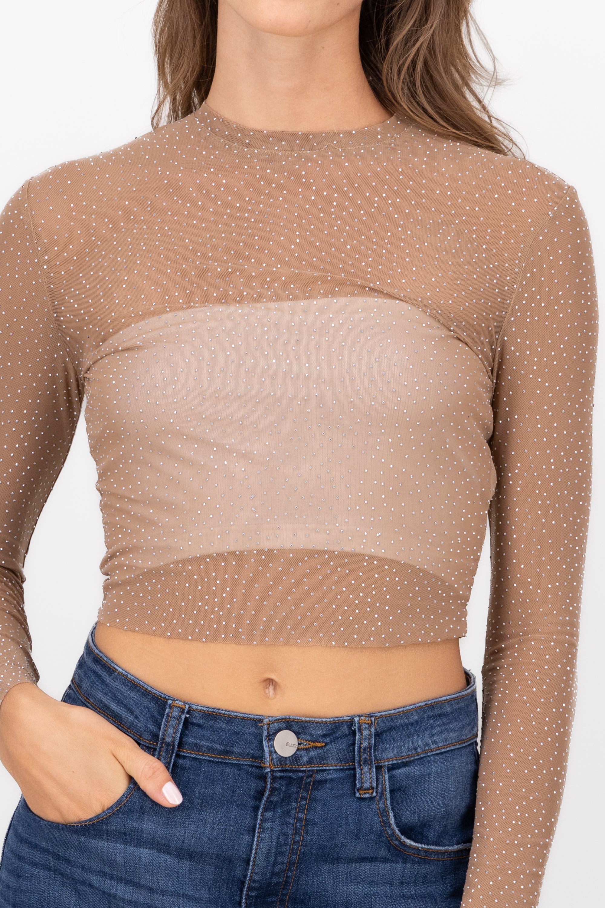 Top mesh long sleeve shine COFFEE