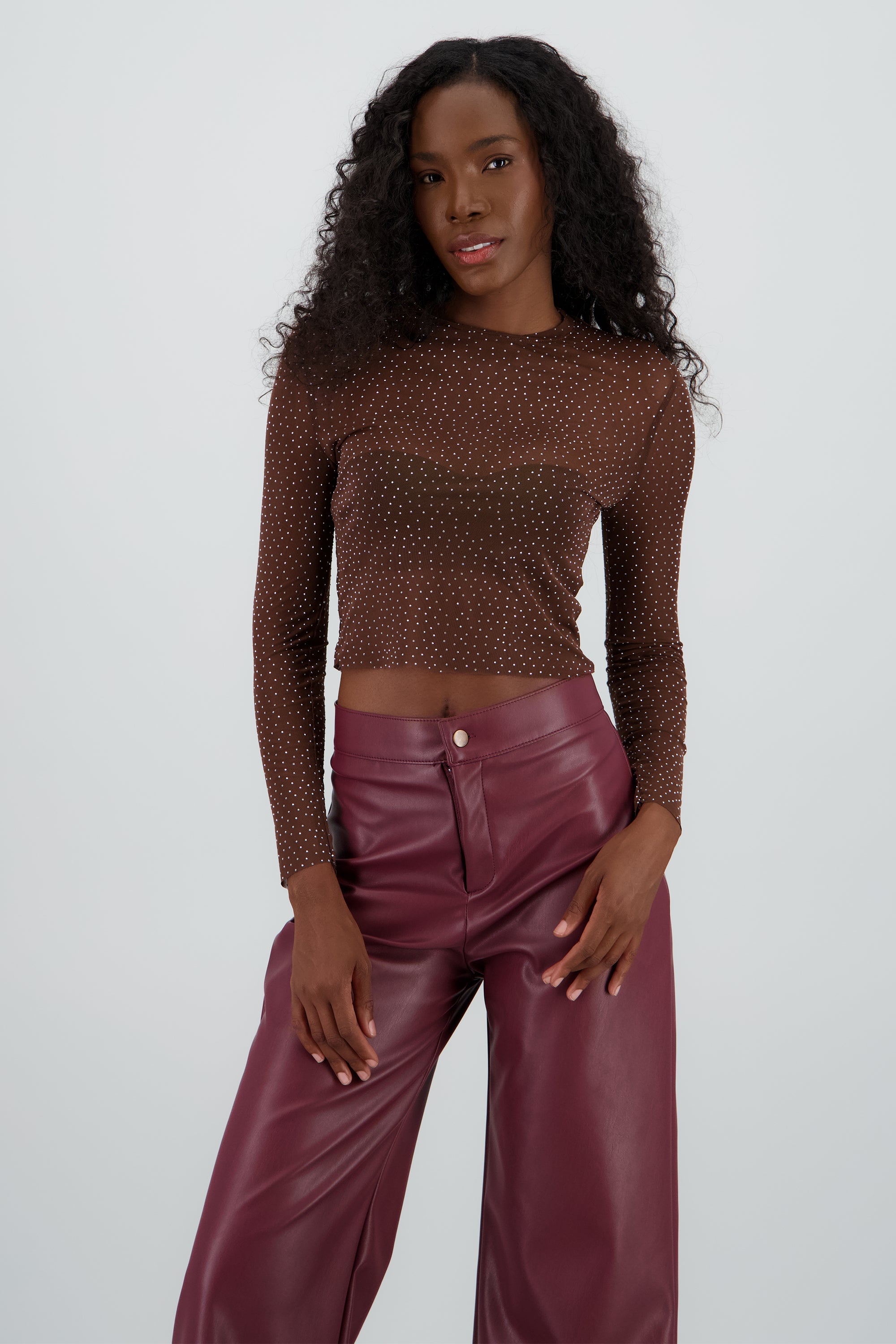 Top Mesh Manga Larga Brillos CHOCOLATE