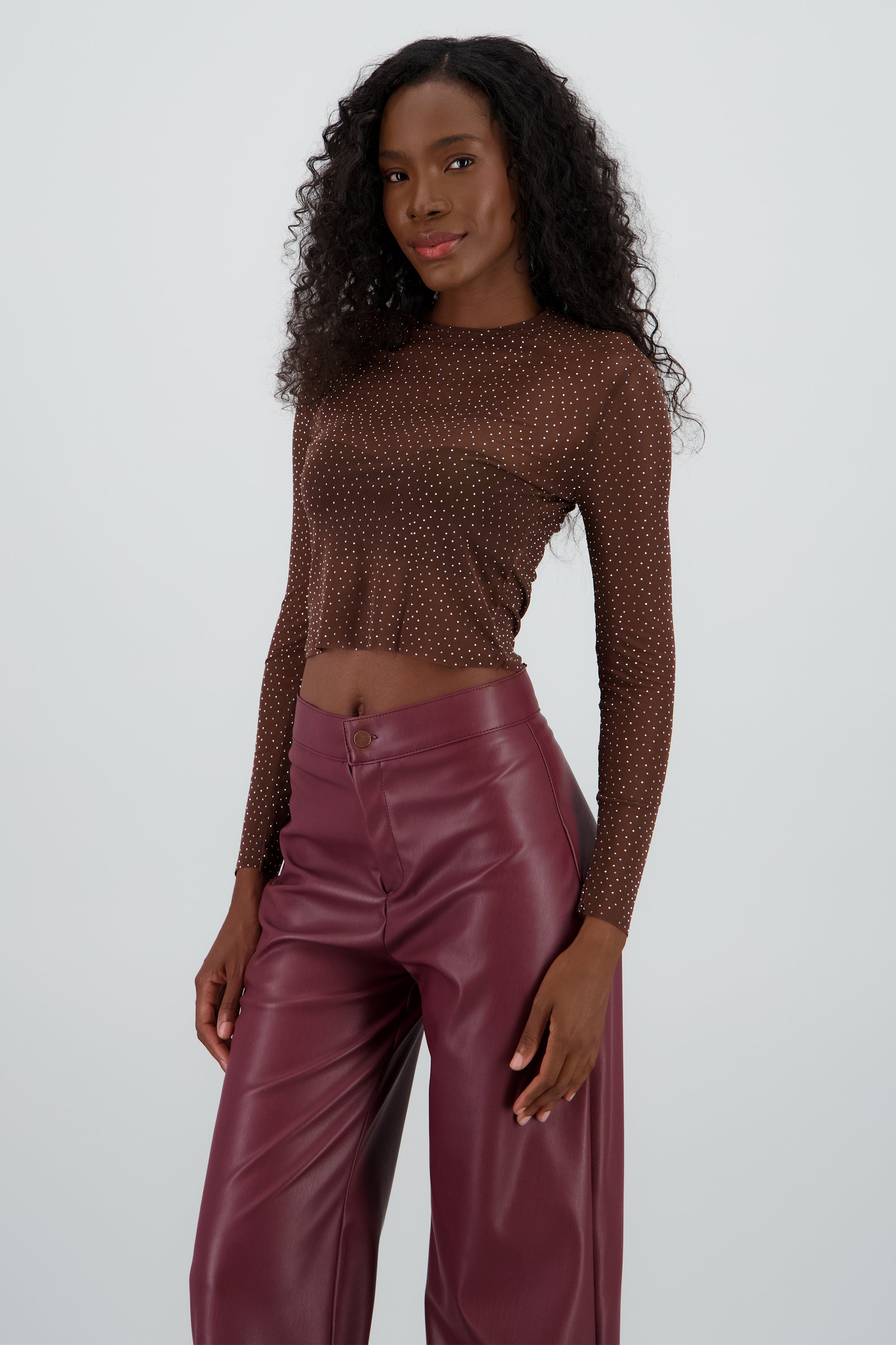 Top Mesh Manga Larga Brillos CHOCOLATE