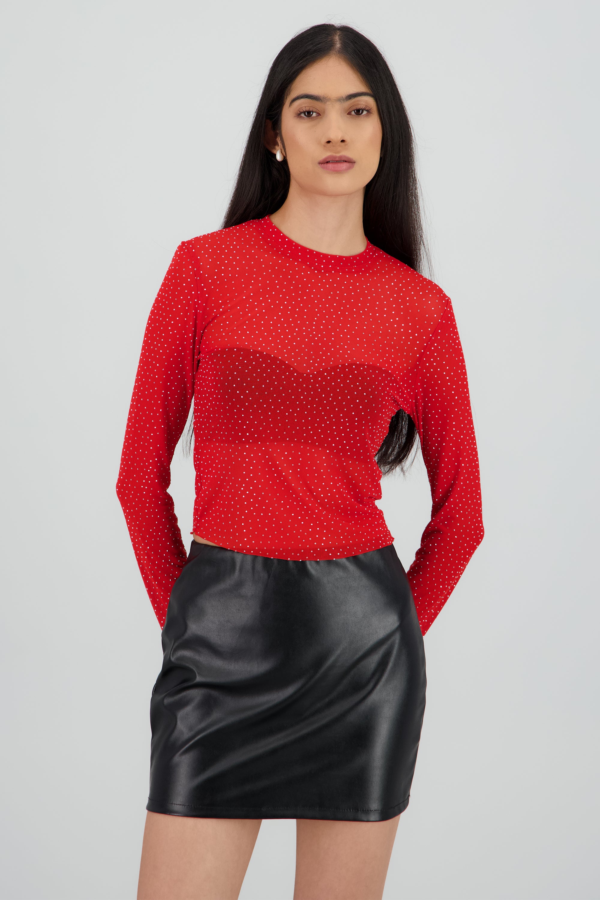 Top Mesh Manga Larga Brillos ROJO