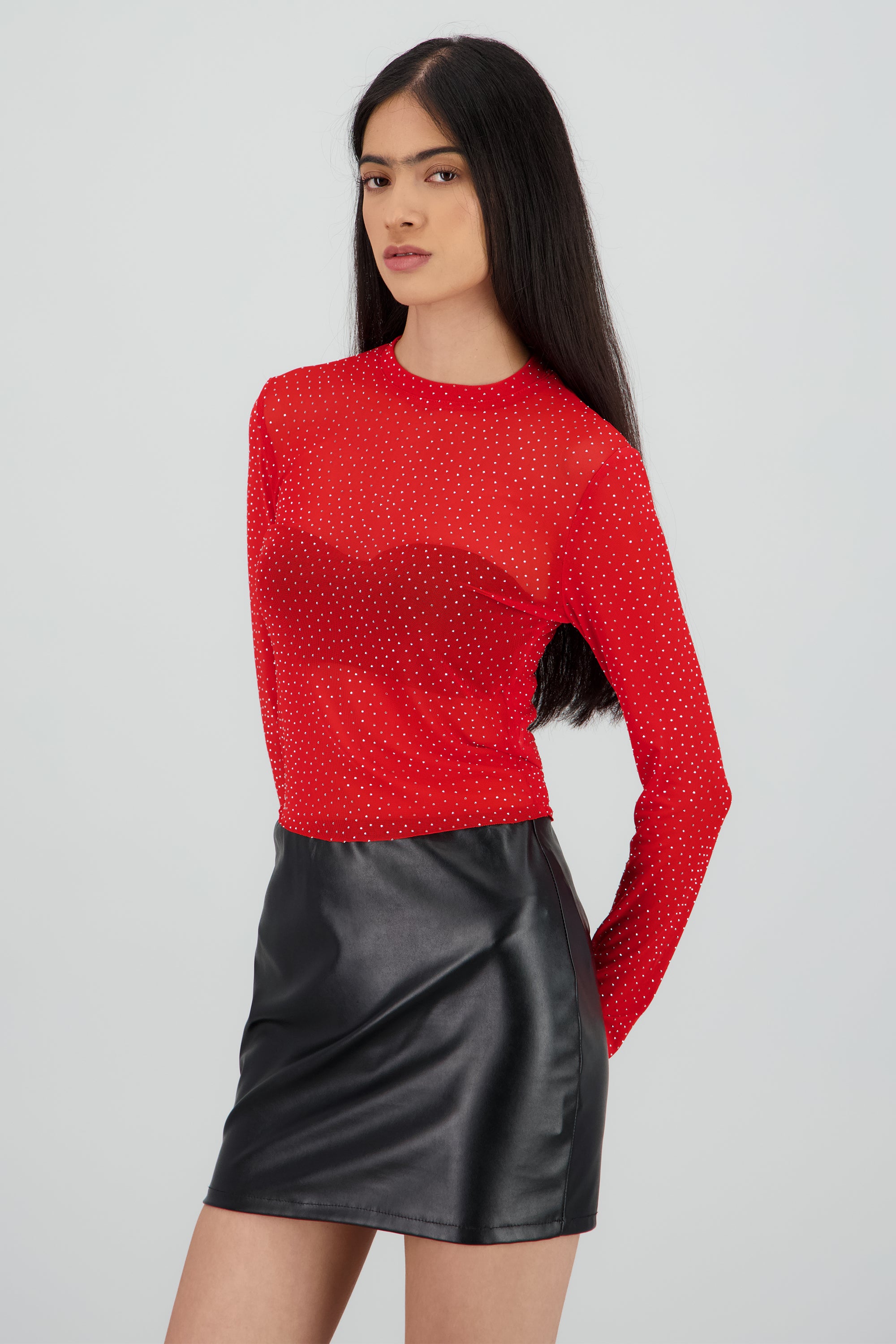 Top Mesh Manga Larga Brillos ROJO