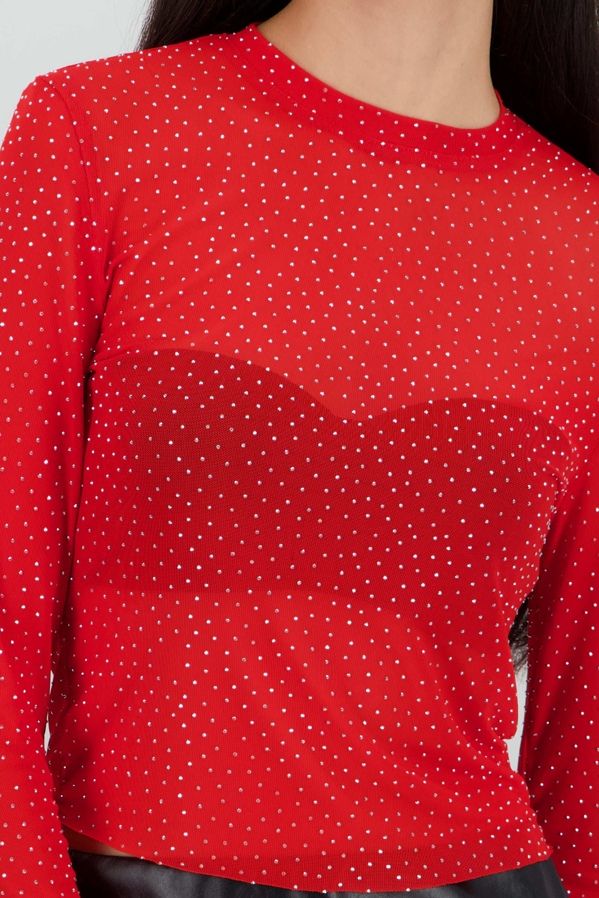 Top Mesh Manga Larga Brillos ROJO