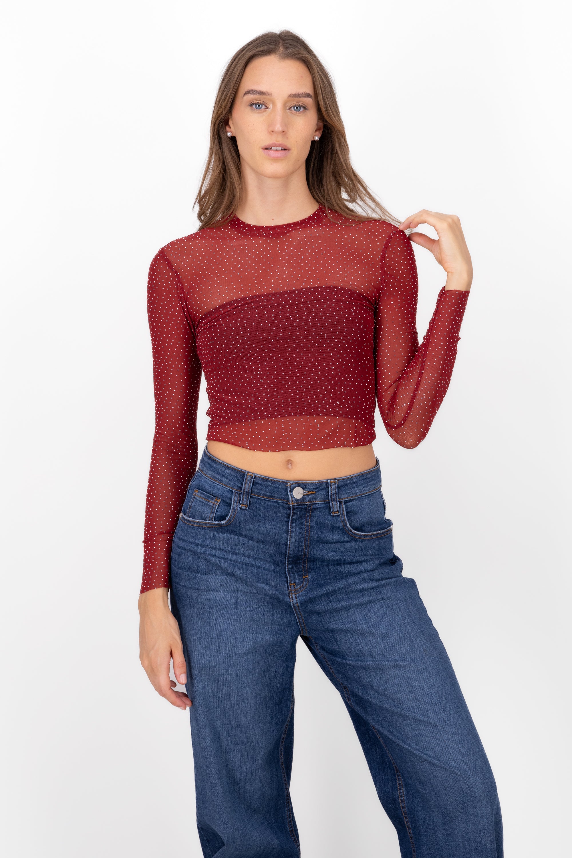 Top Mesh Manga Larga Brillos ROJO CEREZA