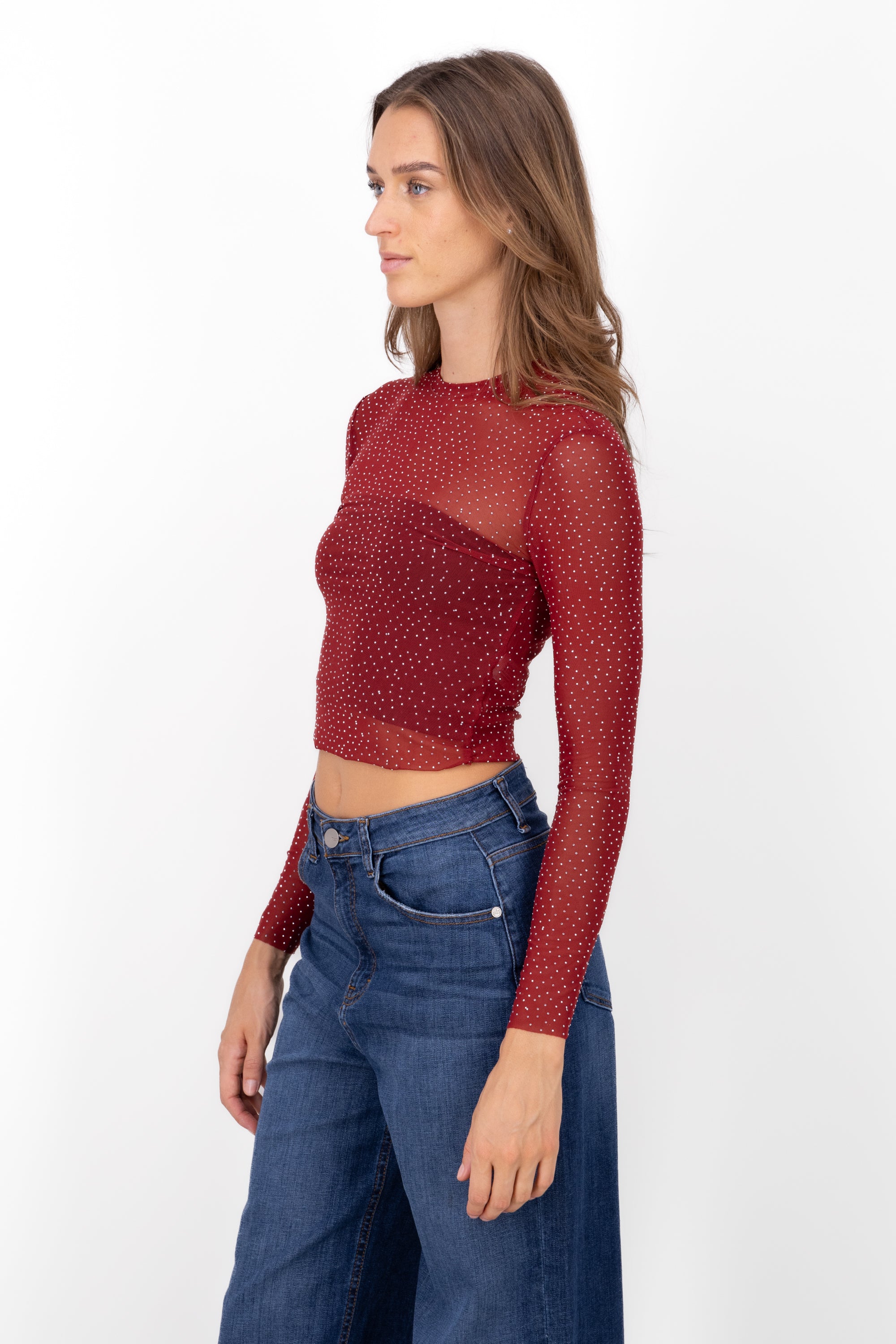 Top Mesh Manga Larga Brillos ROJO CEREZA
