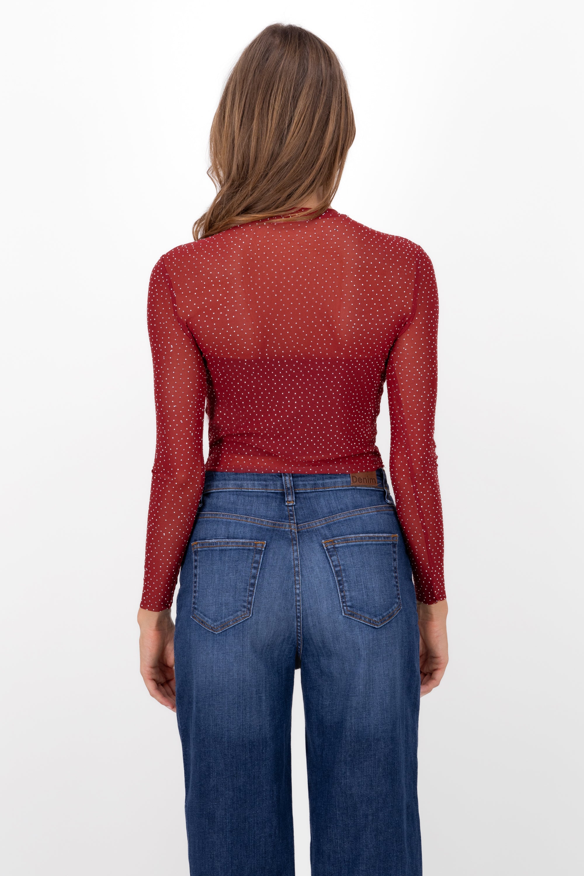 Top Mesh Manga Larga Brillos ROJO CEREZA