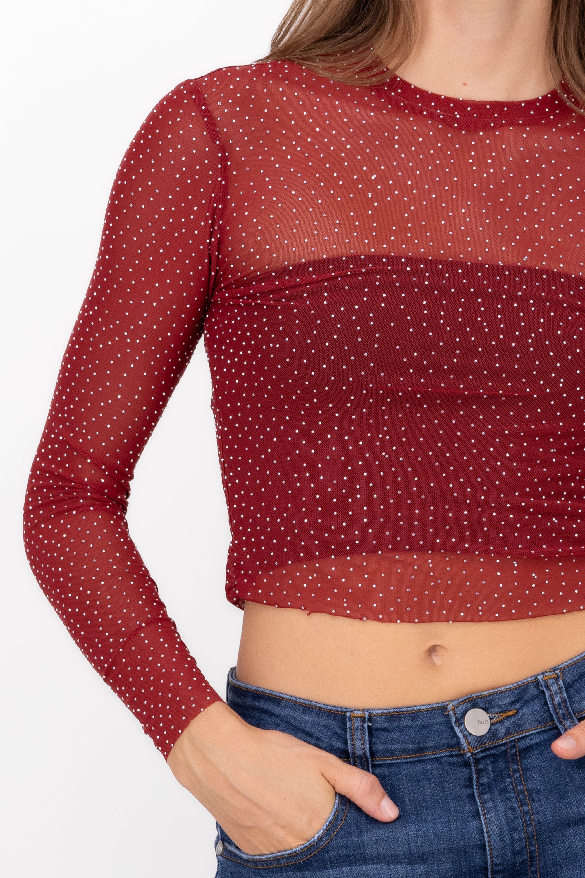 Top Mesh Manga Larga Brillos ROJO CEREZA