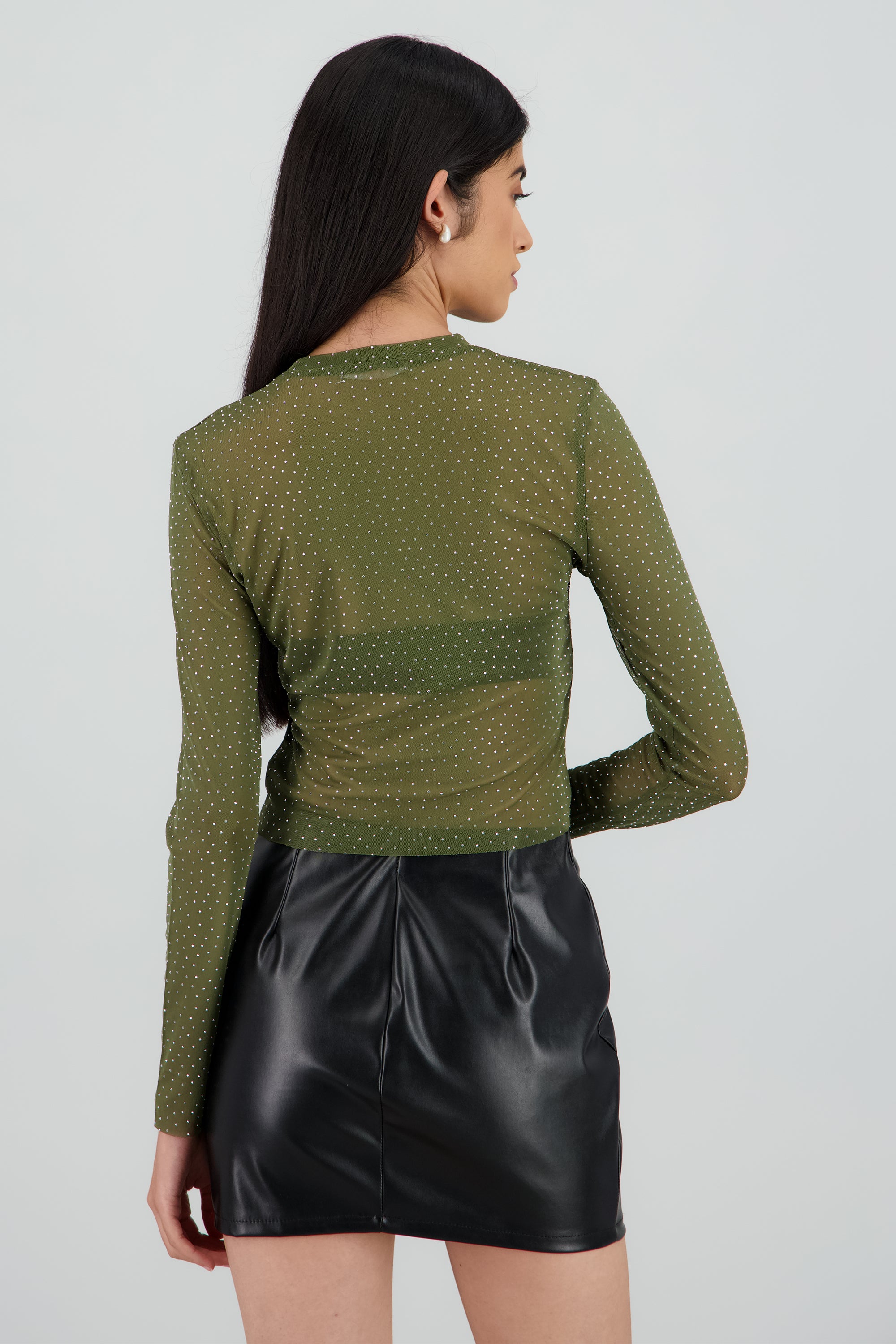 Top Mesh Manga Larga Brillos OLIVO