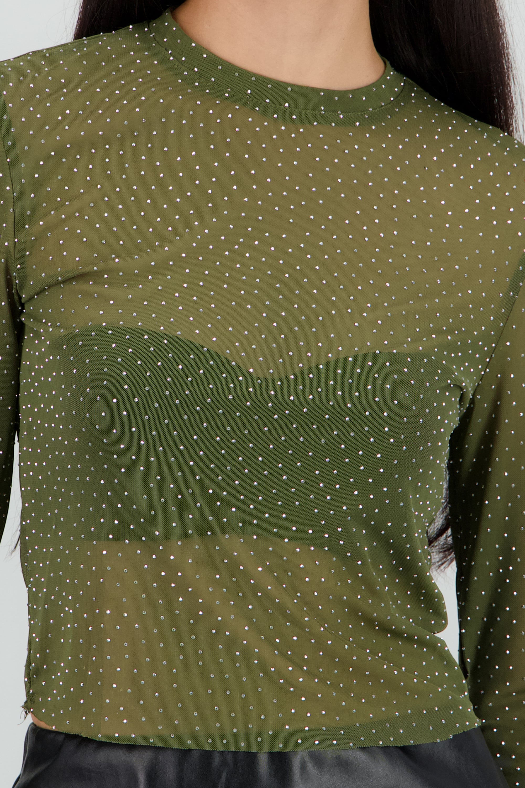 Top Mesh Manga Larga Brillos OLIVO