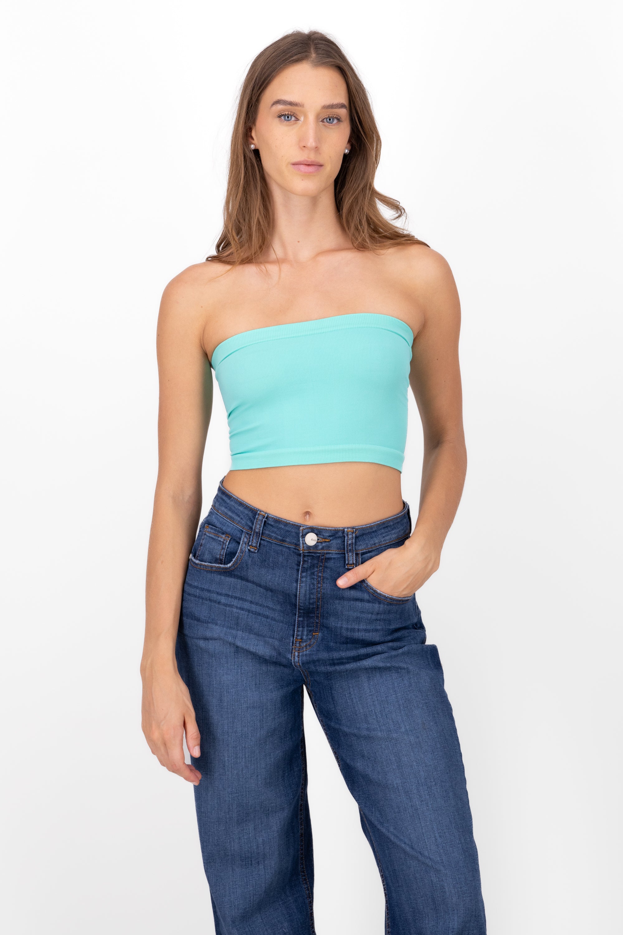 Top Tubo Strapless Rib TURQUESA BRILLANTE