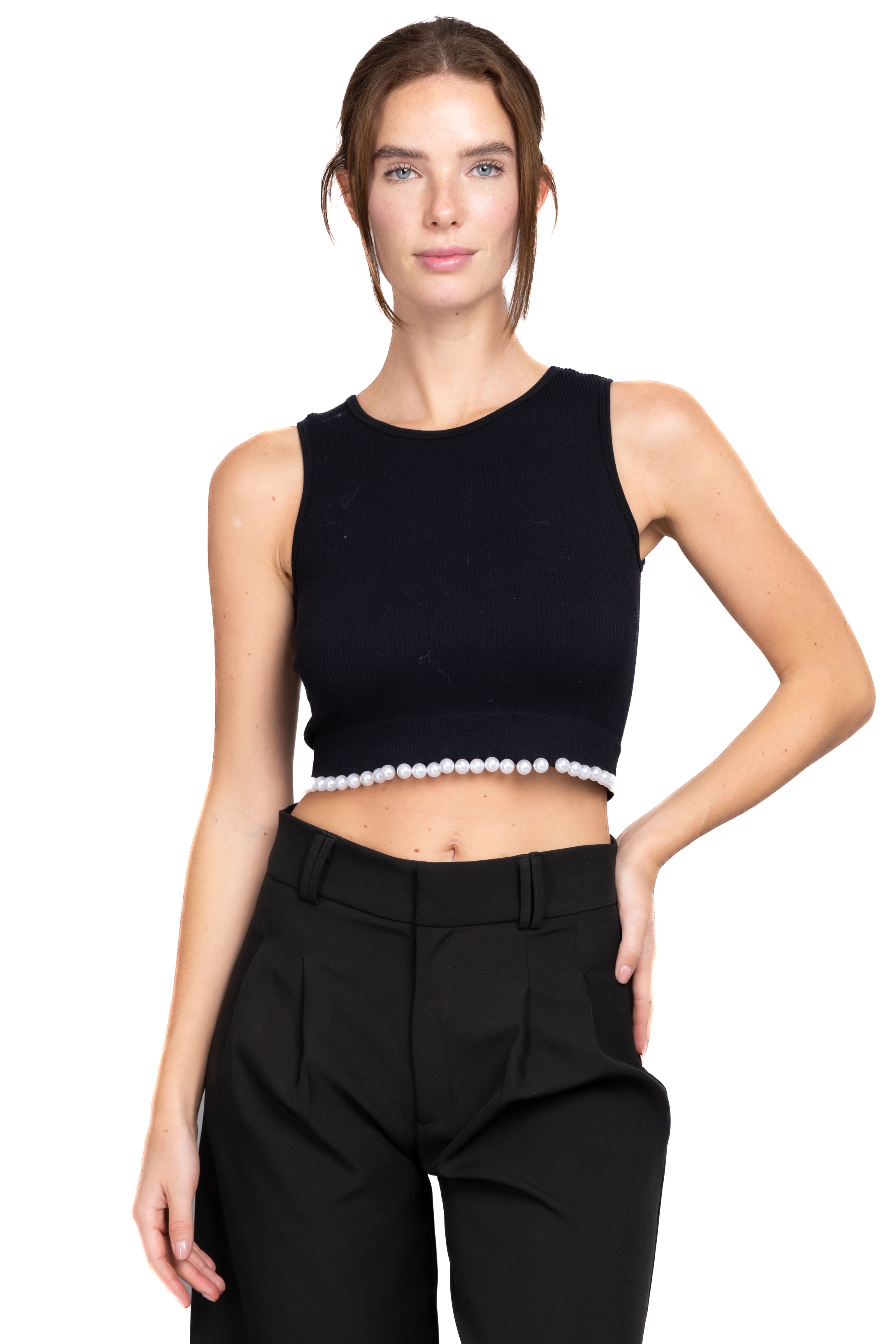 Top rib con detalle perlas NEGRO