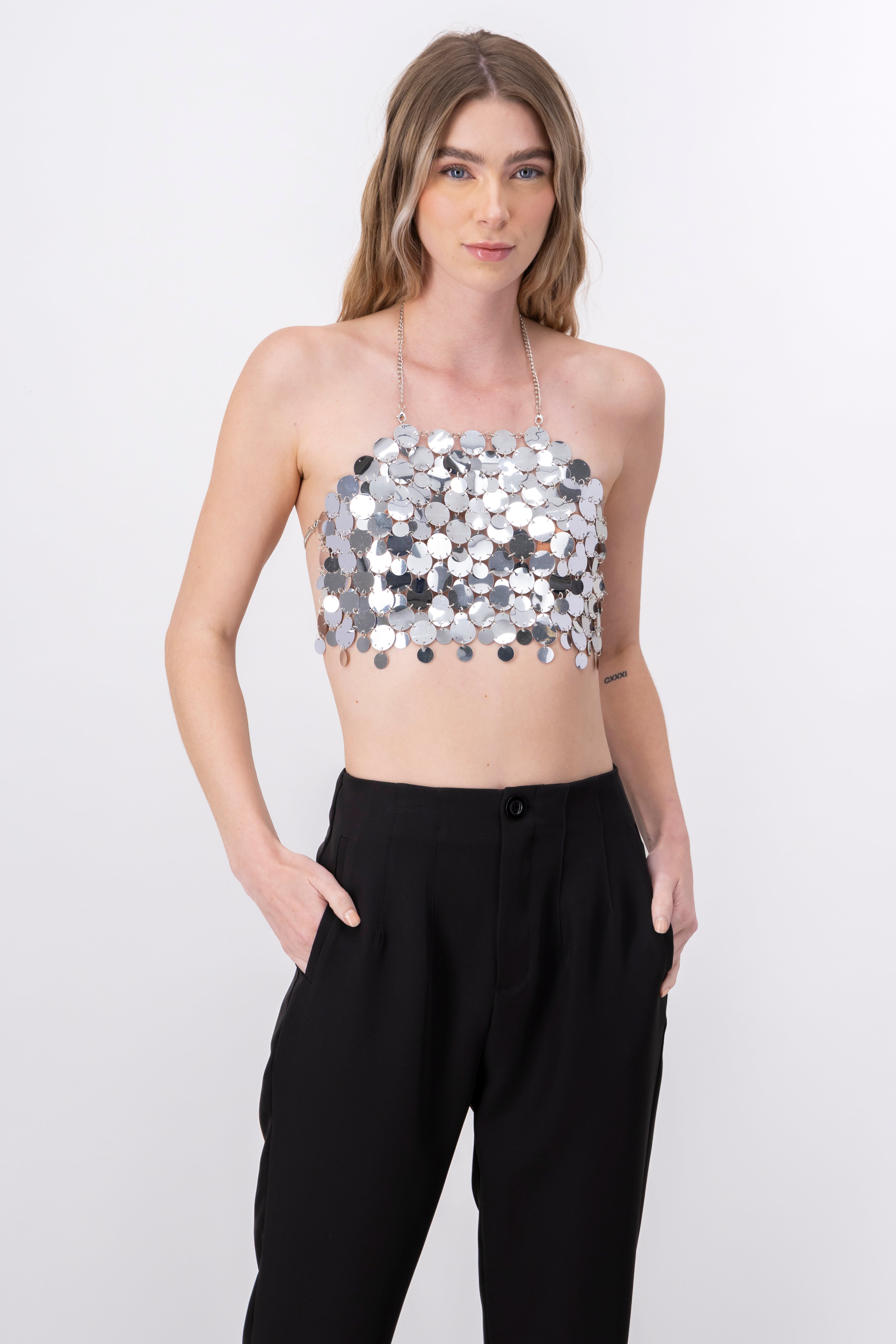 Top crop halter lentejuela maxi PLATA