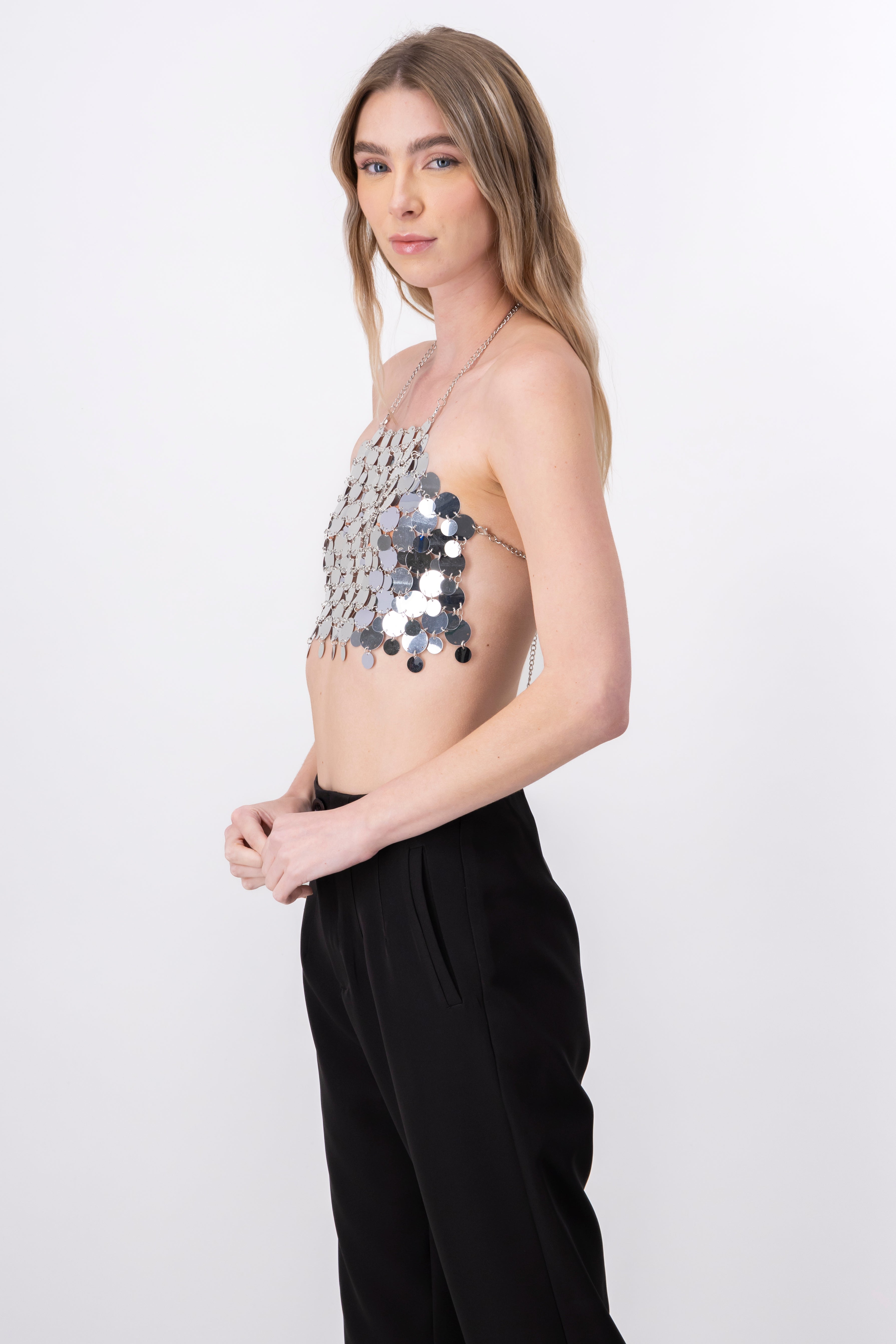Top crop halter lentejuela maxi PLATA