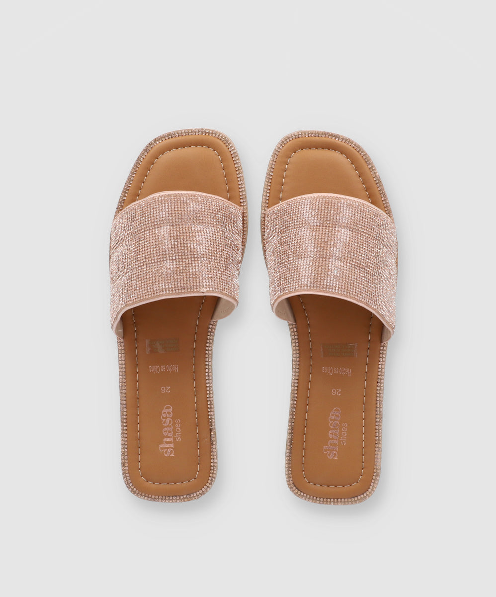 Flat Sandal Capitonada Brillos Nude